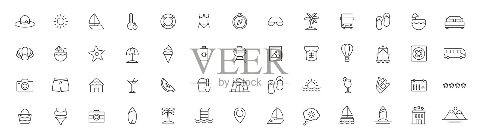 旅行,夏季图标集合。度假夏季海滩图标集。矢量轮廓图标插画图片素材