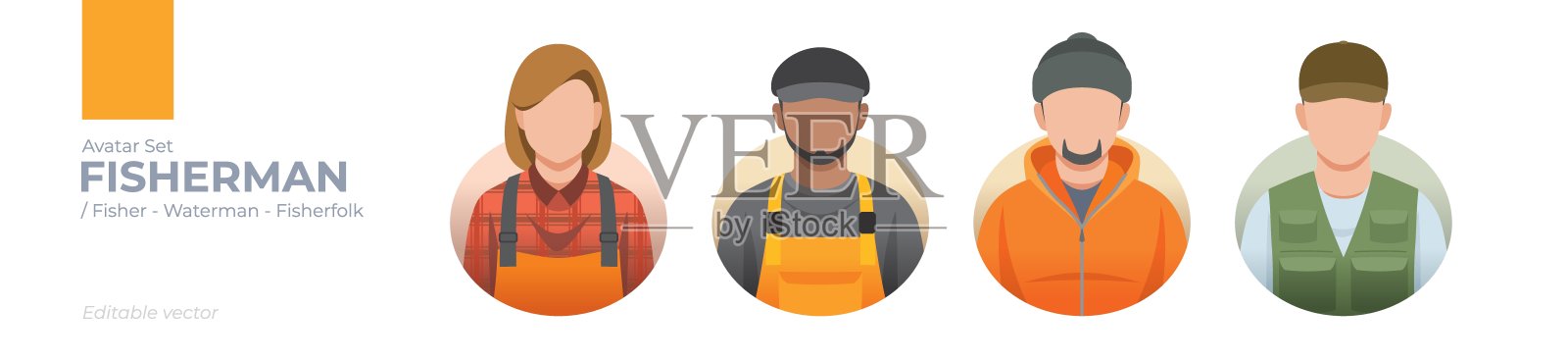 渔民头像套装:可编辑的多样化渔民彩色服装矢量图形插画图片素材
