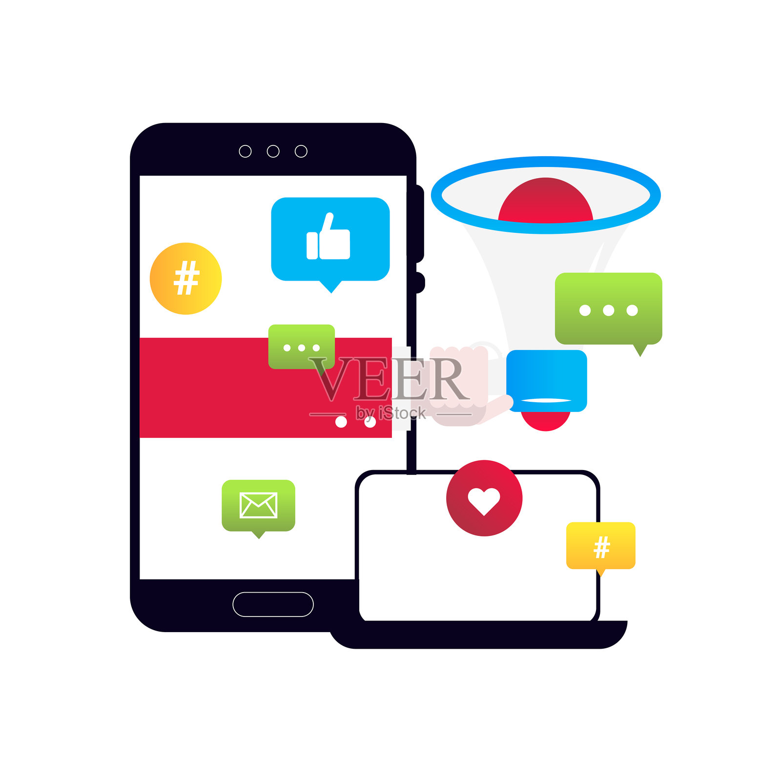 数字营销和社交媒体广告概念矢量平面插图,背景为白色插画图片素材