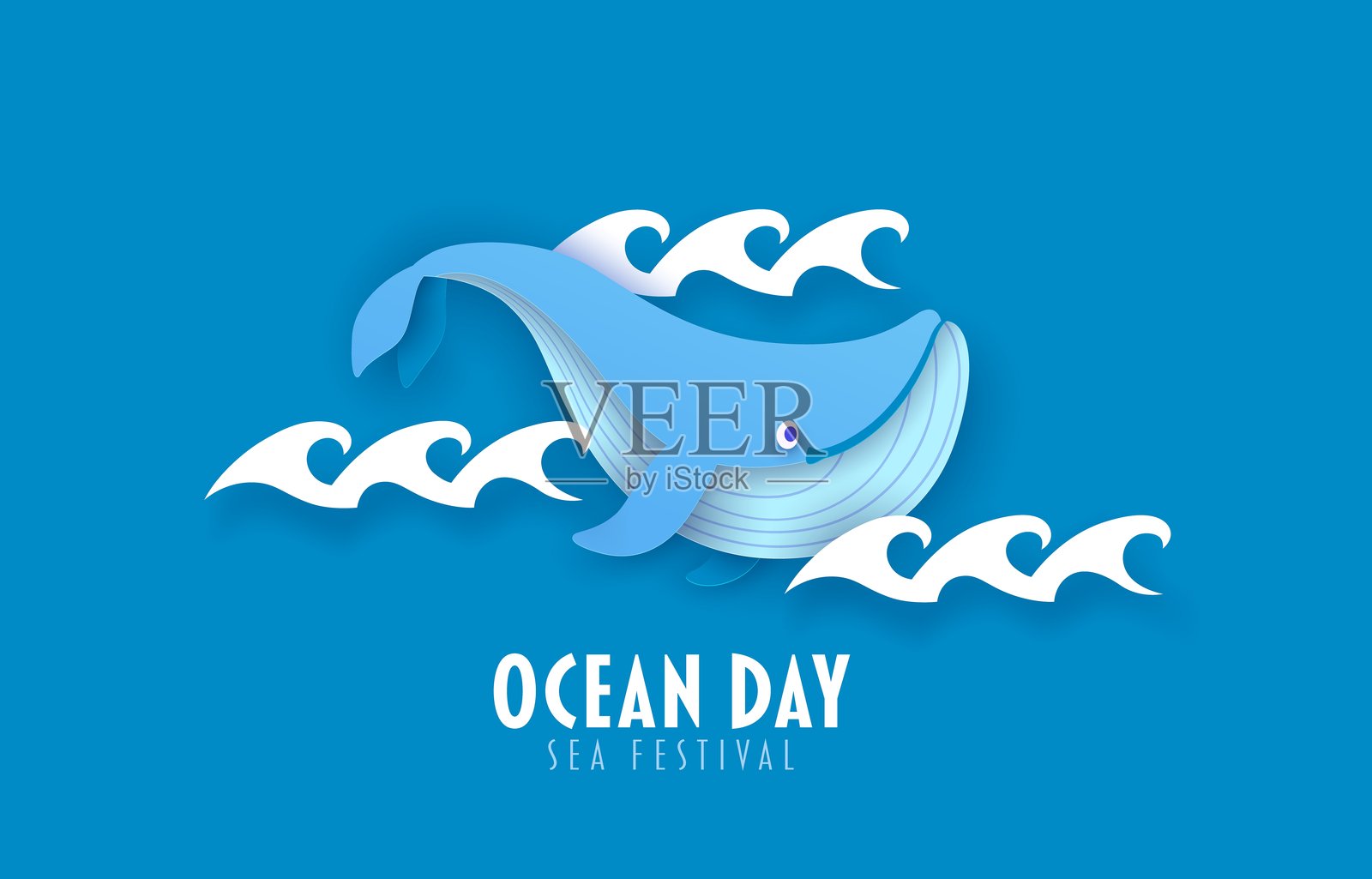 剪纸风格的海洋日横幅,卡通蓝鲸插画图片素材