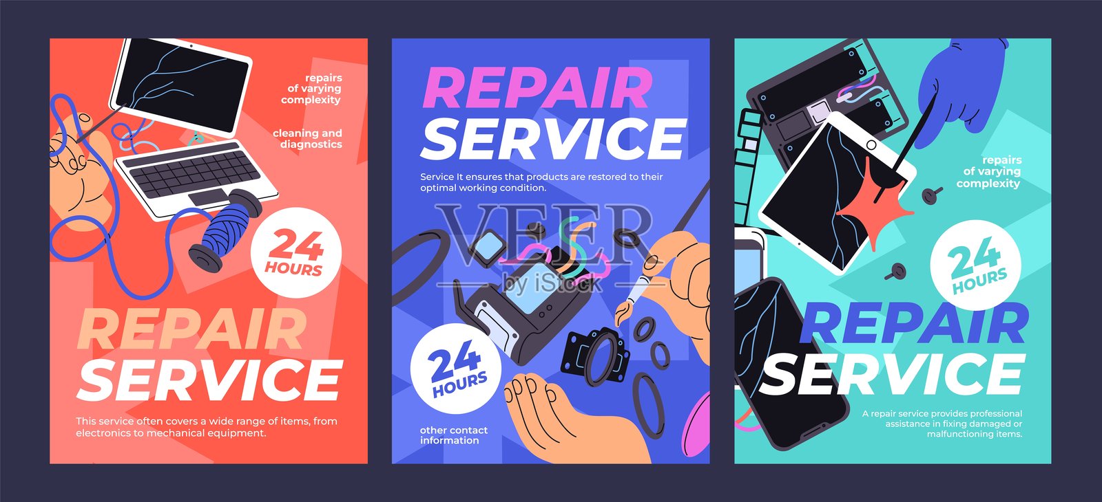 修理服务广告海报设计集。修复损坏电子设备的促销模板。包含智能手机、平板电脑、笔记本电脑故障的布局。扁平化矢量插图。插画图片素材