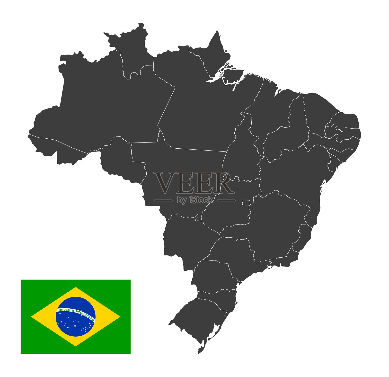 高详细度的巴西地图,包含国家区域和国旗。矢量插图。插画图片素材