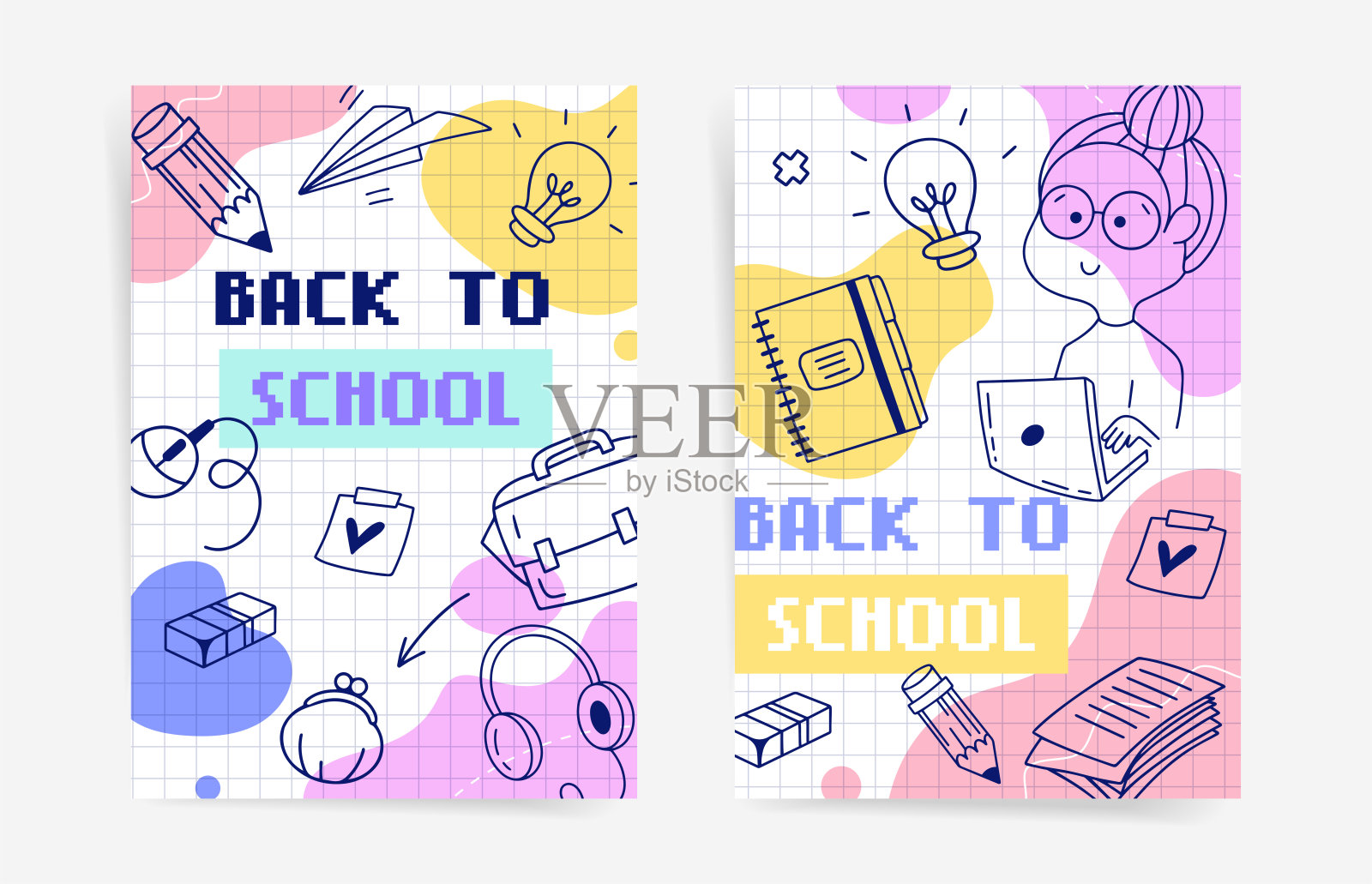 返校季竖版海报,包含学生角色、笔记本电脑、螺旋笔记本、创意和文具,背景为柔和的格子图案插画图片素材