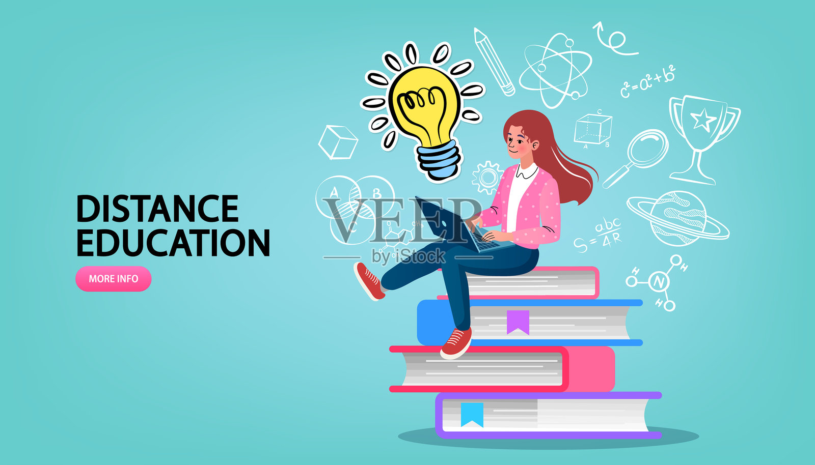 在线教育概念。欢迎回到学校。扁平设计图案与儿童。插画图片素材