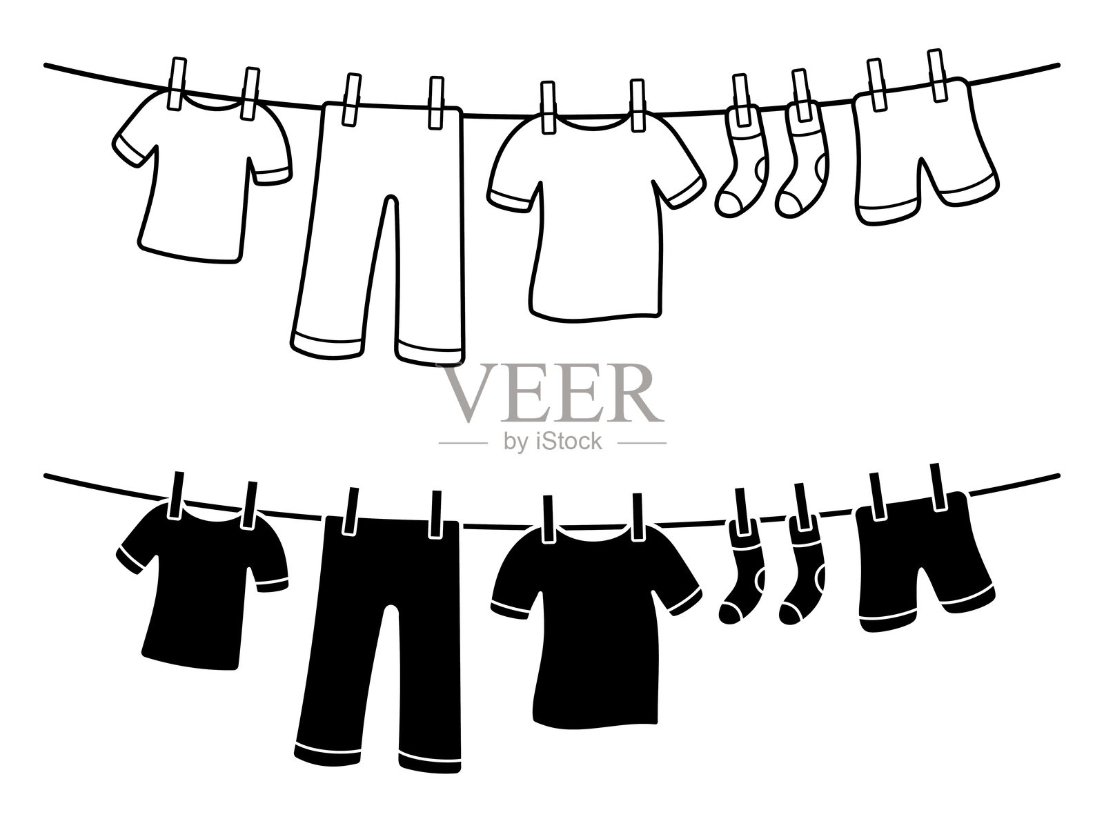 衣物晾晒或挂在晾衣绳上的剪贴画,带有轮廓和剪影印章变体,背景透明插画图片素材