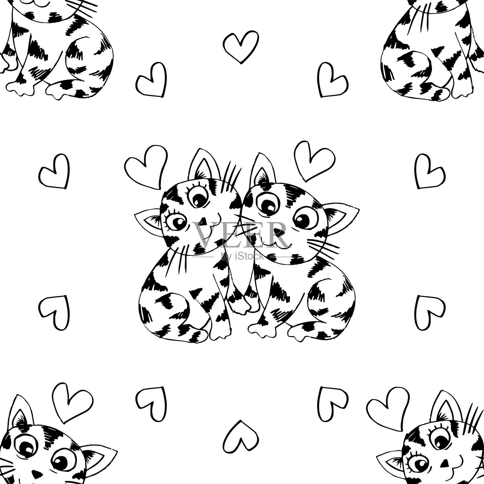 可爱猫咪与心形的无缝图案。矢量插图。插画图片素材