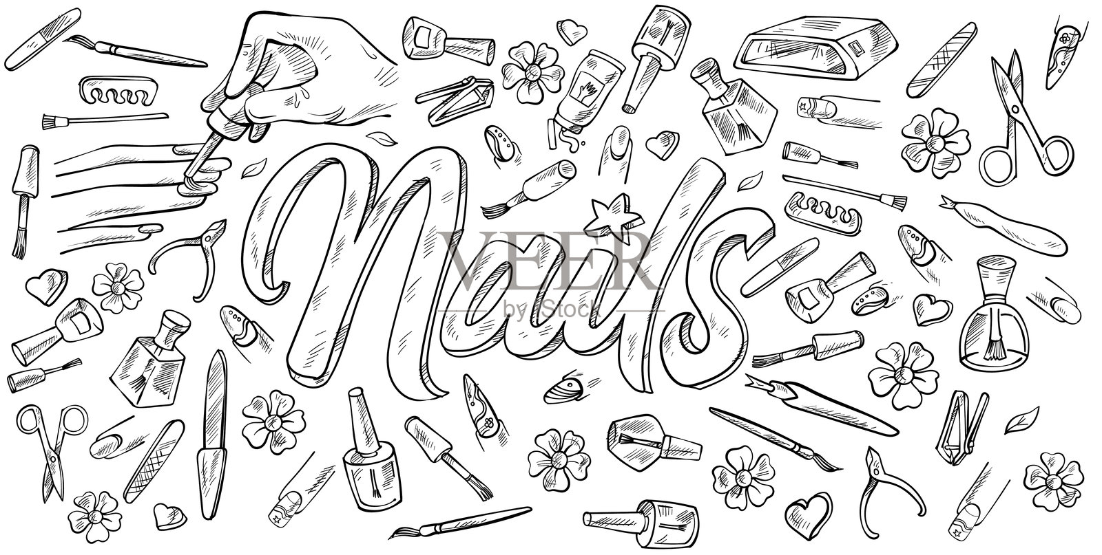 指甲涂鸦线条艺术插图。手绘矢量。背景横幅元素集插画图片素材