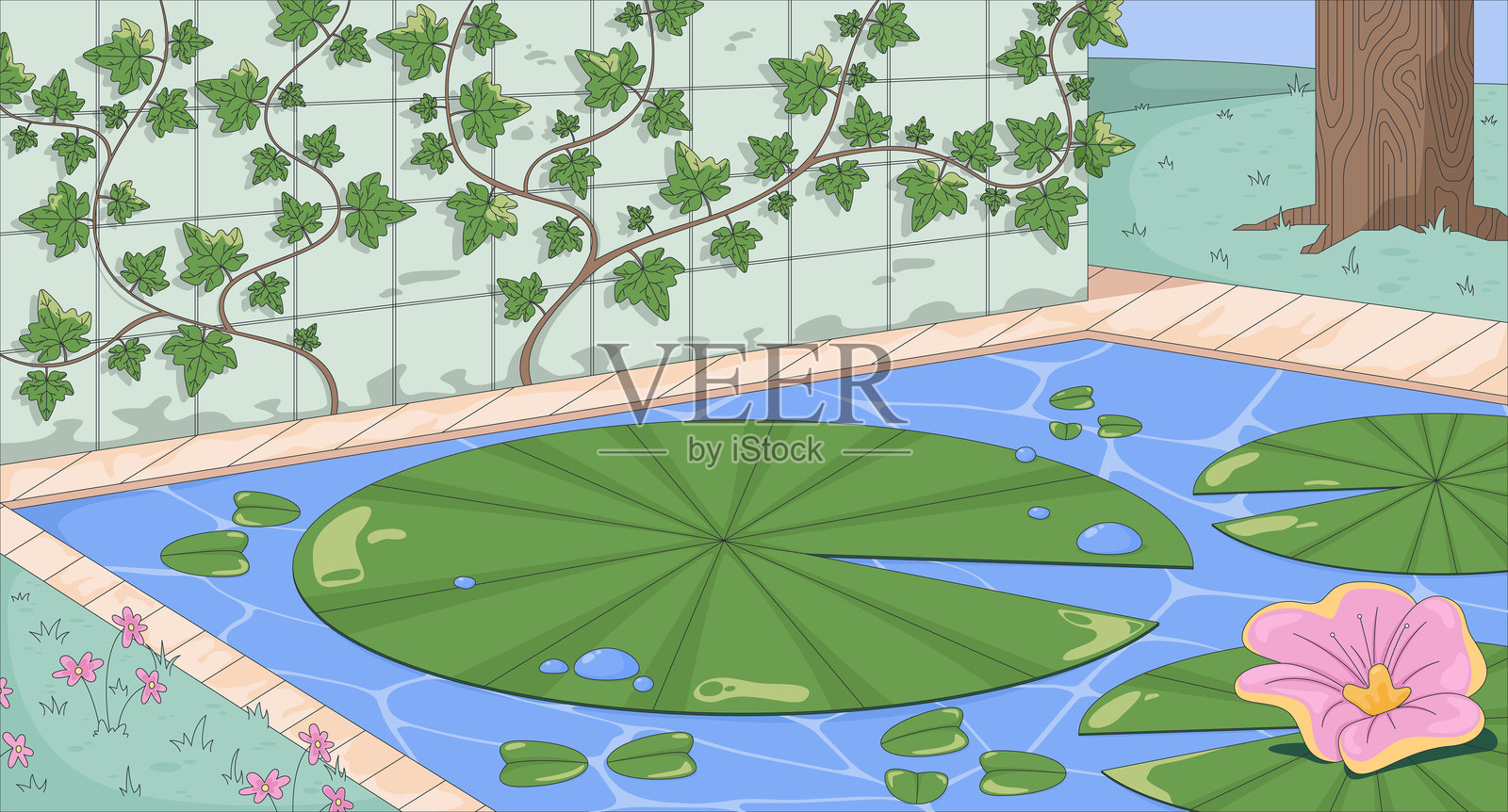 睡莲和荷花在低保真风格的池塘平面插图背景中插画图片素材