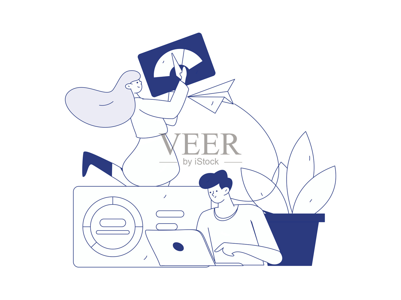 平面矢量插图展示商务人士在工作场景中操作插画图片素材