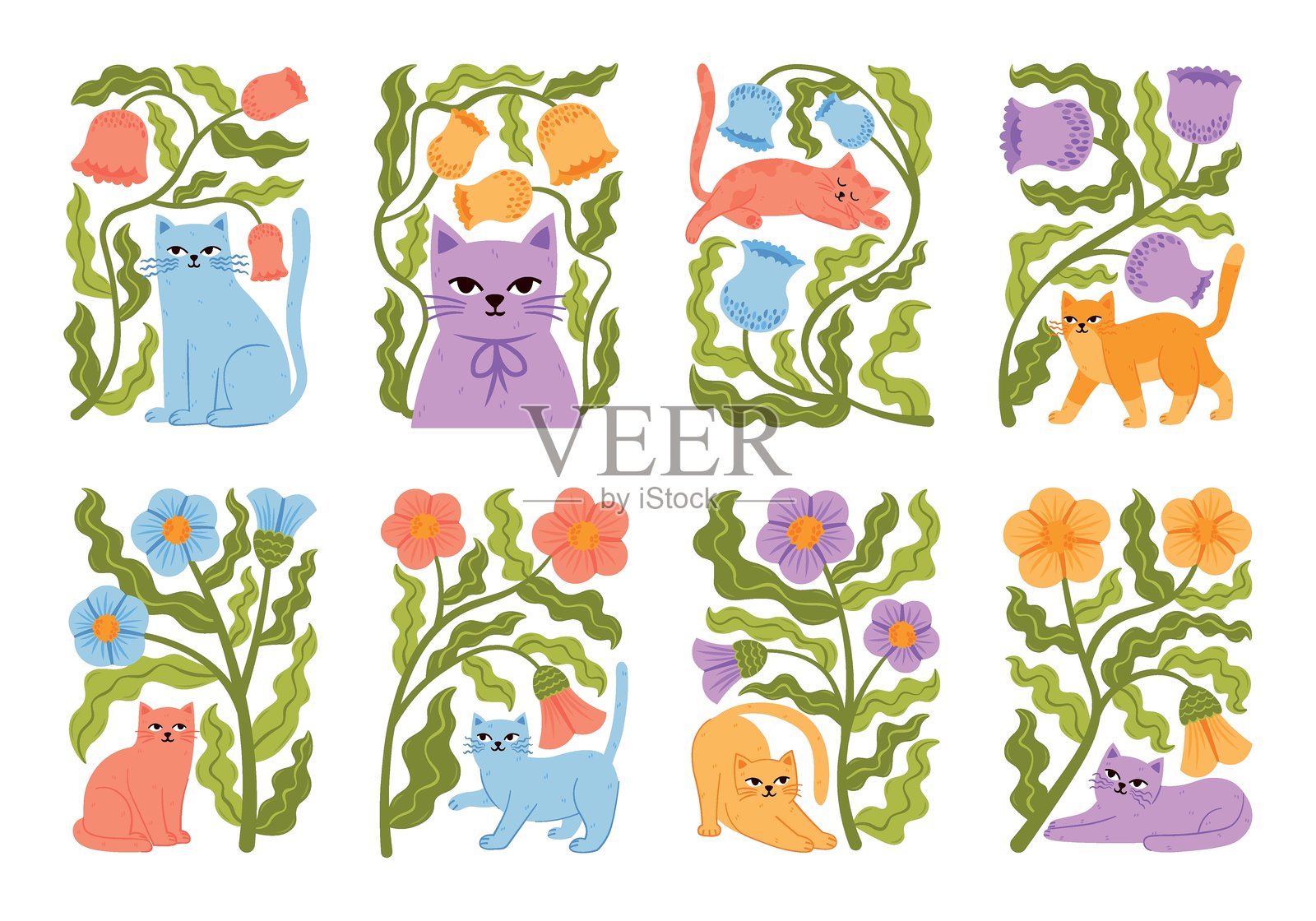 现代时尚的构图,T恤设计,带有花朵和猫咪的卡片套装。矢量粉彩,柔和的插图,配有可爱的猫咪,周围环绕着花卉和植物元素,植物在透明背景上独立展示。插画图片素材