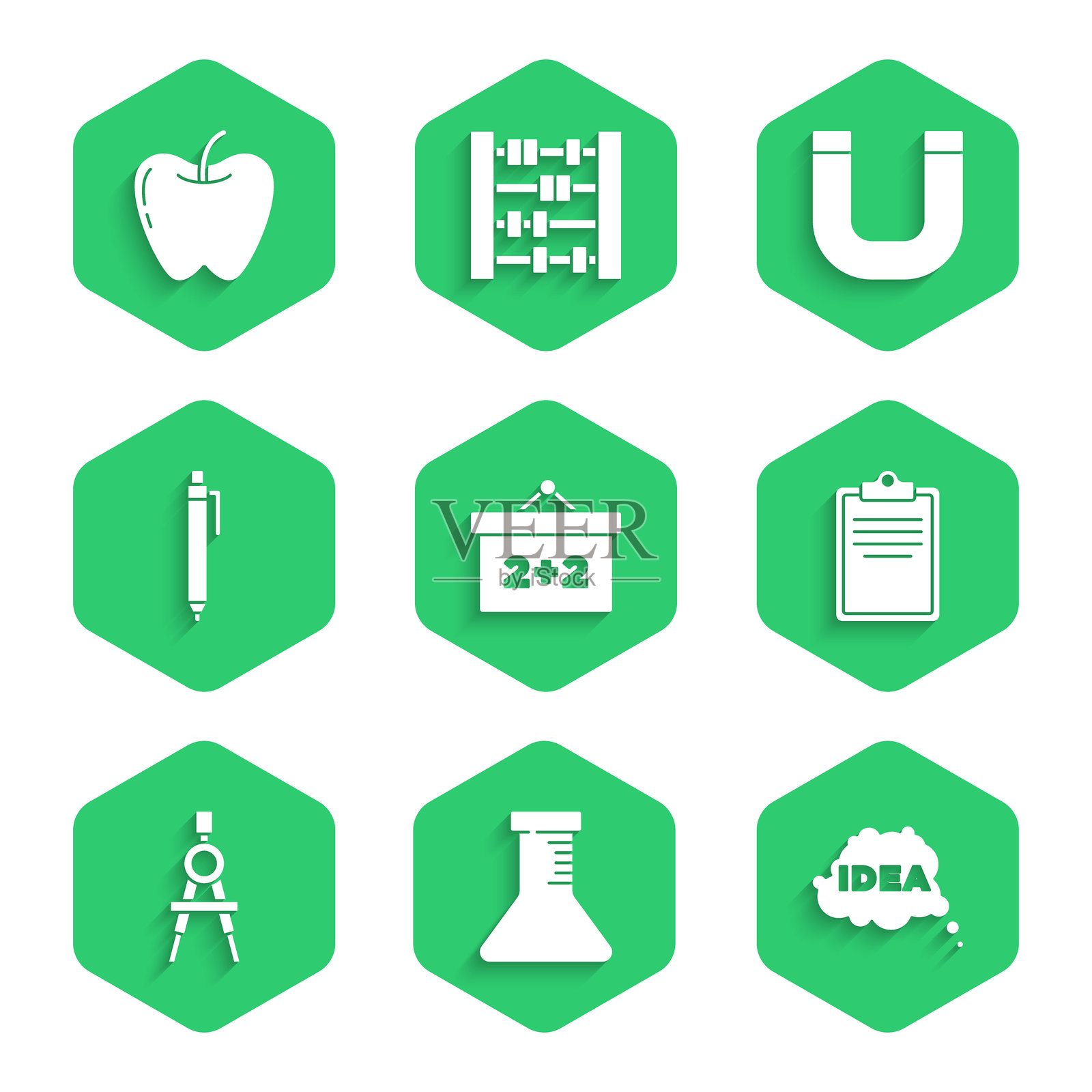 黑板、试管和烧瓶、创意、对话气泡、带检查清单的剪贴板、绘图圆规、钢笔、磁铁和苹果图标。矢量图。插画图片素材