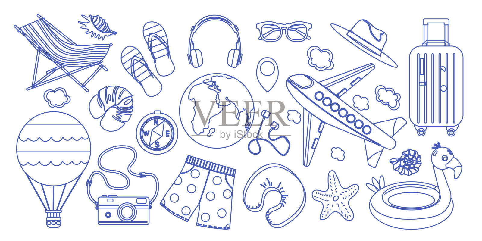 手绘复古夏季涂鸦合集,适用于海滩派对设计。包含度假主题元素,完美适合卡片、贴纸和夏季促销横幅。甜美生活风格插图。插画图片素材