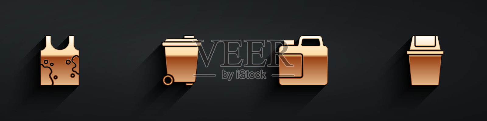 脏T恤、垃圾桶、清洁剂瓶和带长阴影的图标。矢量图。插画图片素材