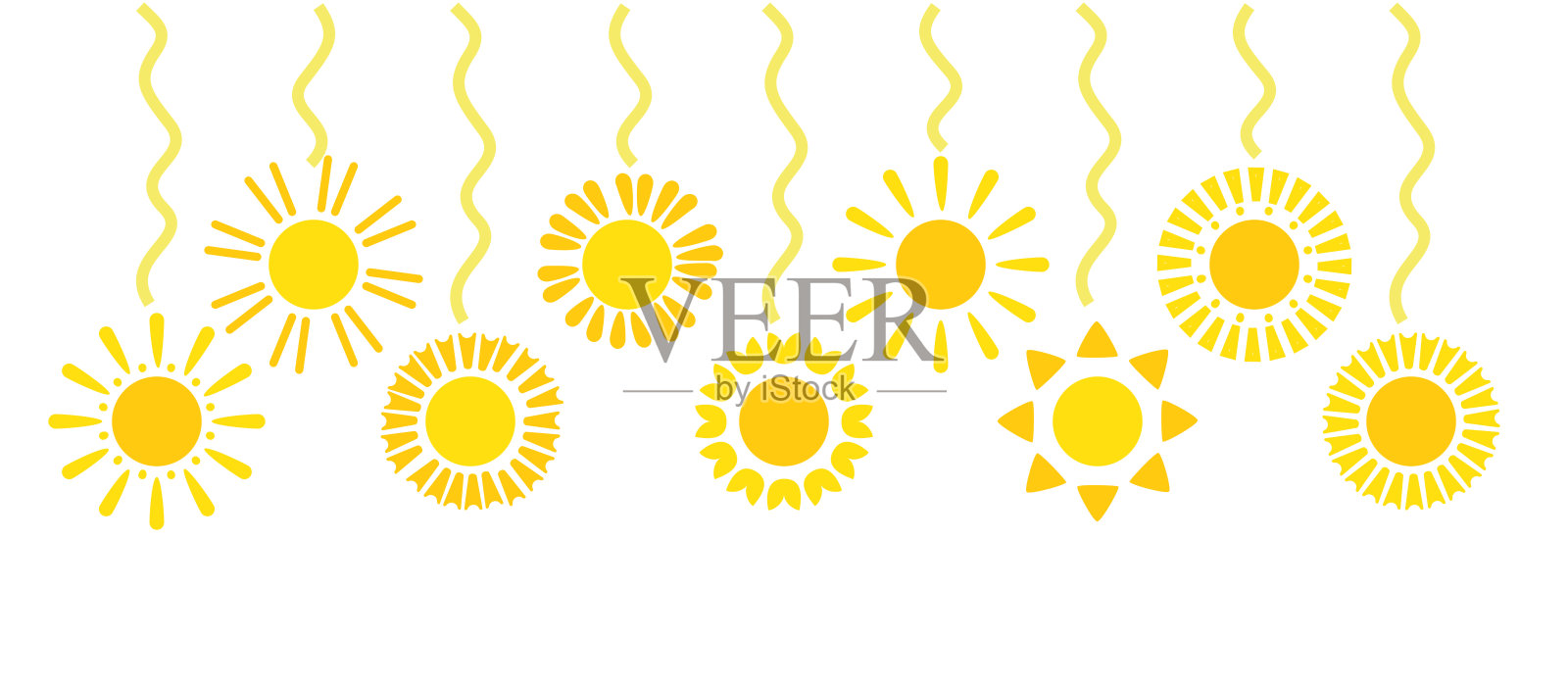 天空中五彩斑斓的太阳元素矢量集合。黄色向日葵的组合,在白色背景上闪耀。手绘花卉插图用于装饰、复活节、贴纸、剪贴画和印刷品。插画图片素材