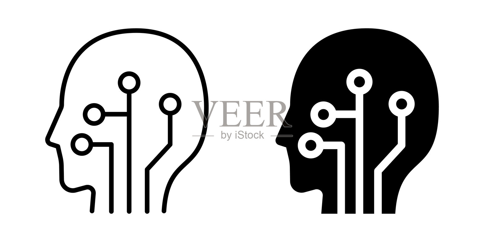 带电路的人工智能大脑图标。轮廓和线条风格。插画图片素材