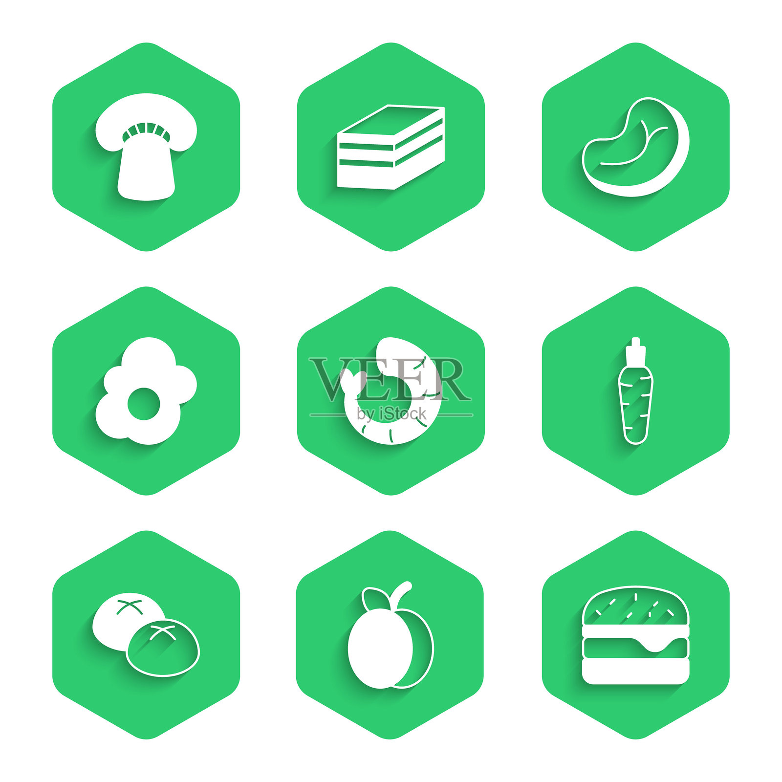 虾、梅子、汉堡、胡萝卜、面包、炒蛋、牛排和蘑菇图标。矢量图。插画图片素材