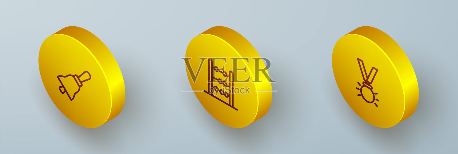 等距线风格的铃铛、算盘和奖牌图标。矢量图。插画图片素材