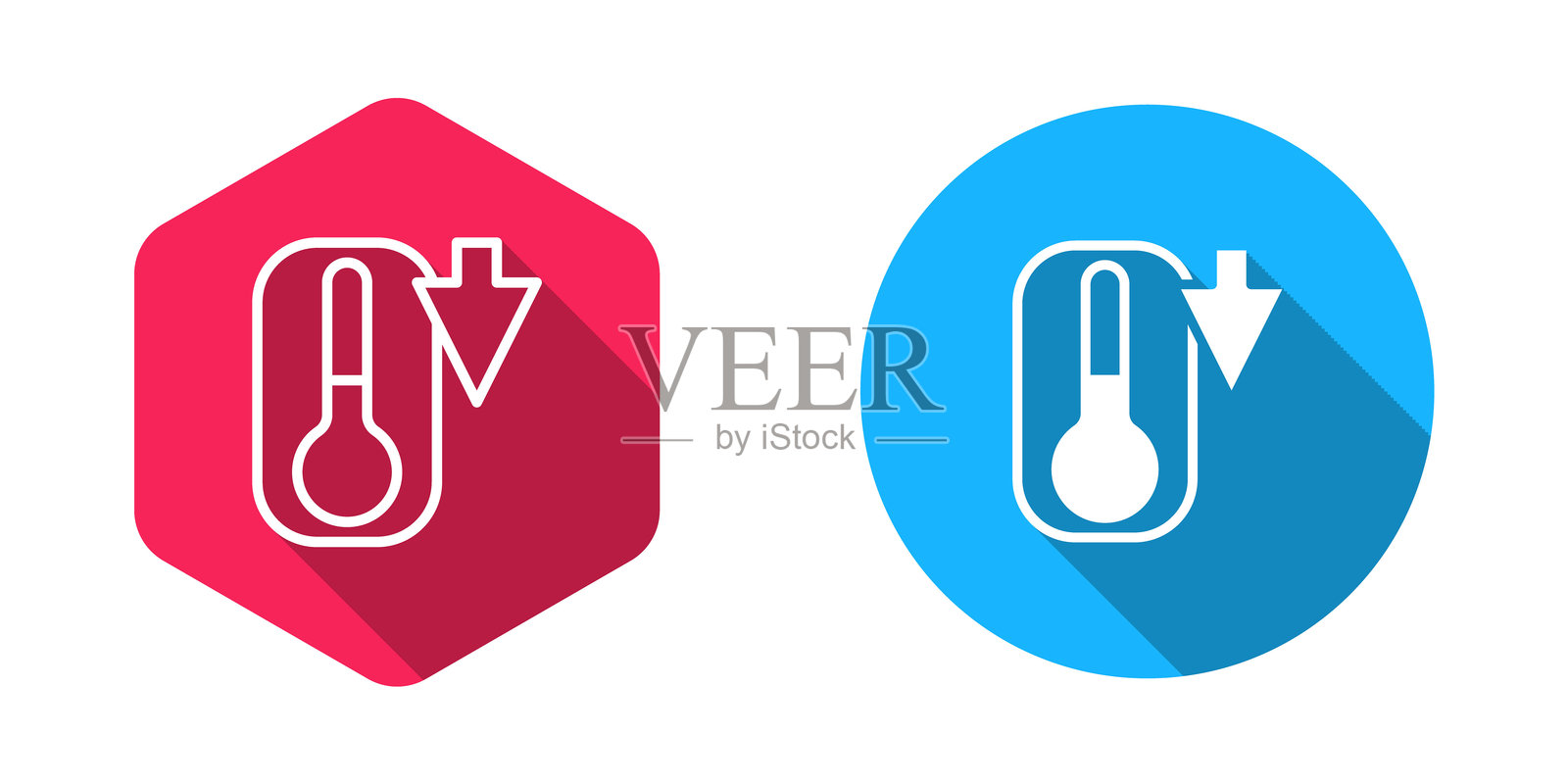 填充和轮廓气象温度计测量冷热的图标,带有长阴影背景。温度计设备显示热或冷天气。矢量图。插画图片素材