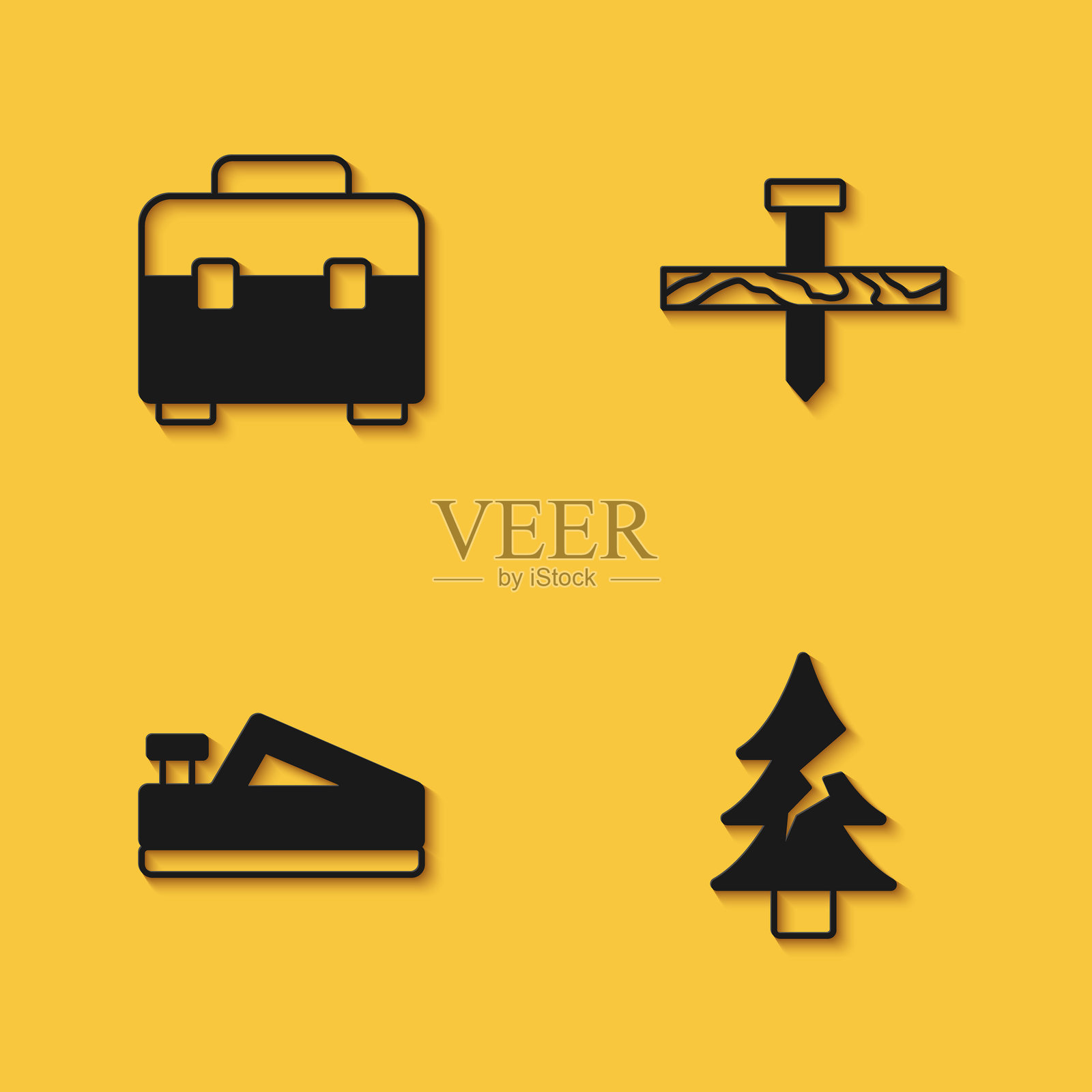 工具箱、树木、木工刨工具和带长阴影的金属钉图标。矢量图。插画图片素材