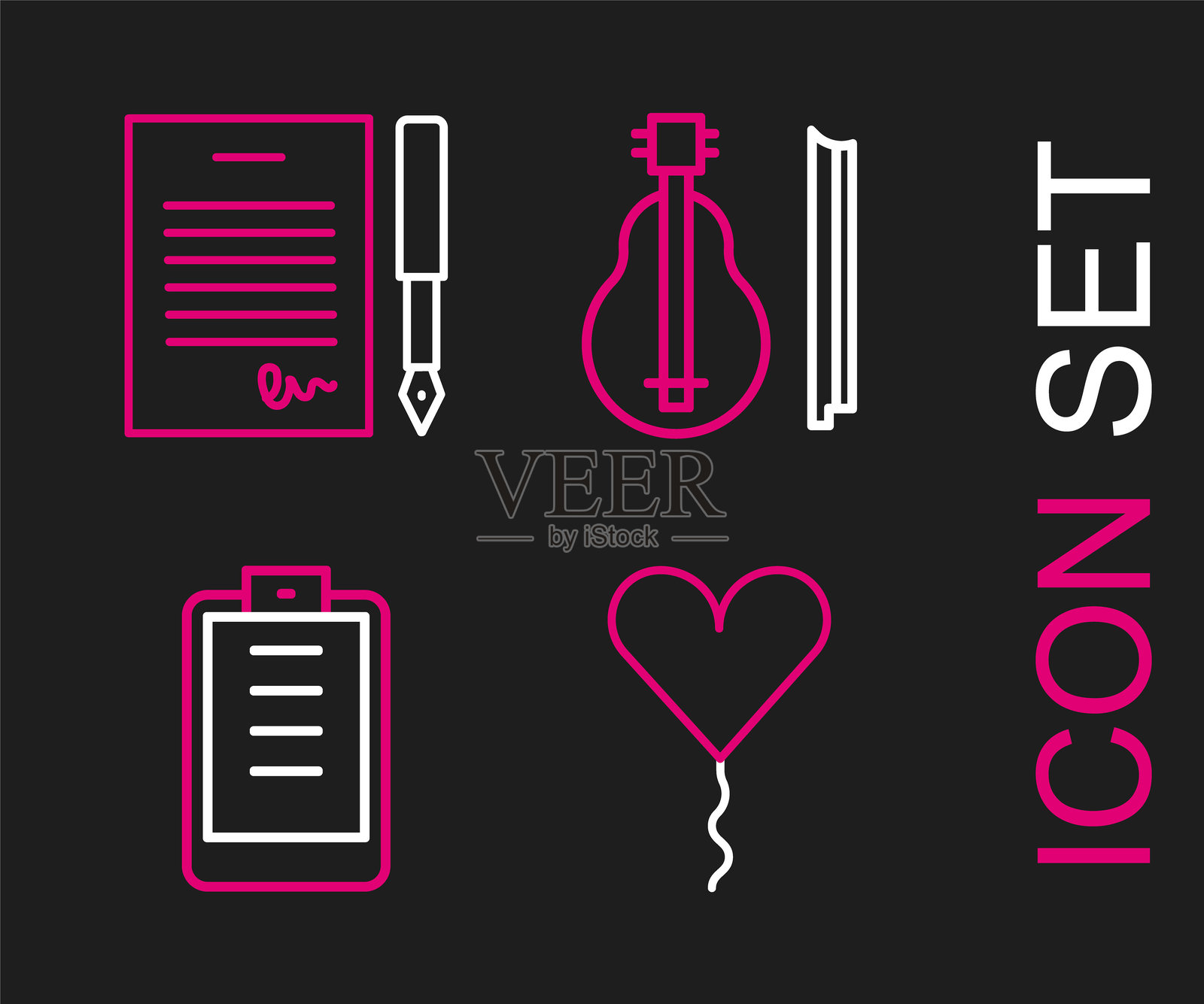 心形气球、带有清单的剪贴板、小提琴和婚姻合同图标。矢量图。插画图片素材