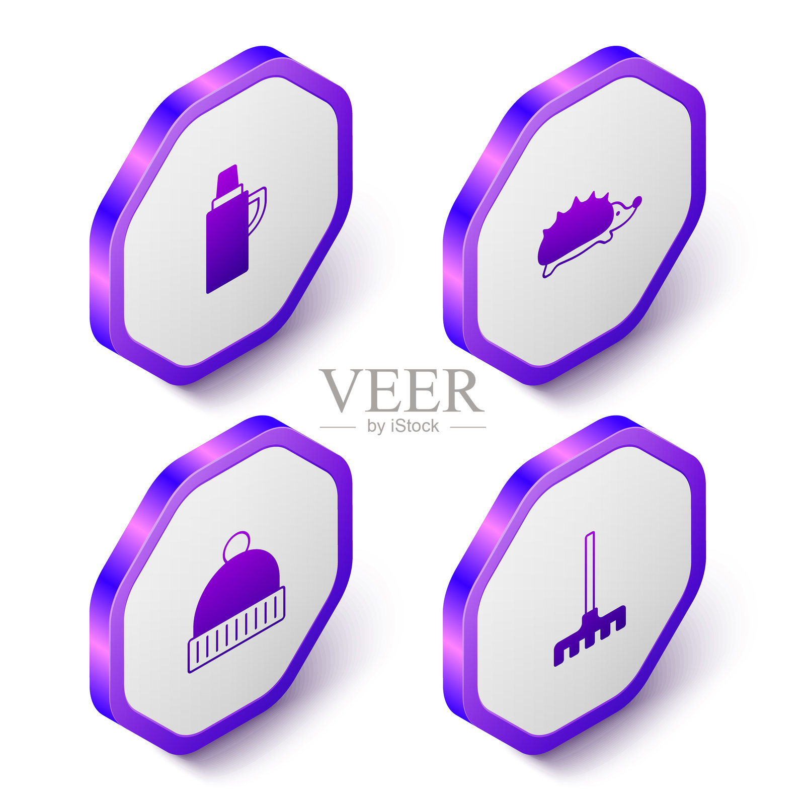 等距热水瓶、刺猬、冬季帽子和园艺耙图标。紫色六边形按钮。矢量图。插画图片素材