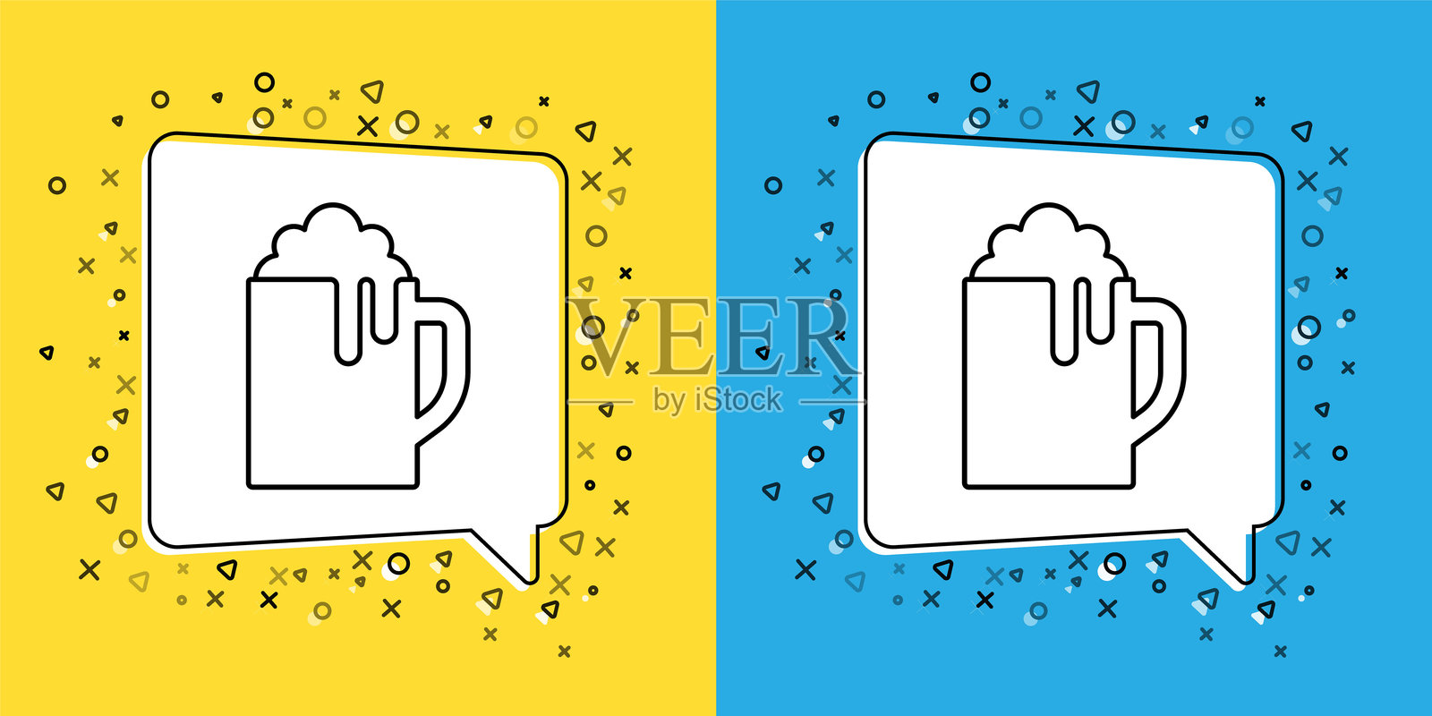 木制啤酒杯图标,背景为黄色和蓝色。插画图片素材