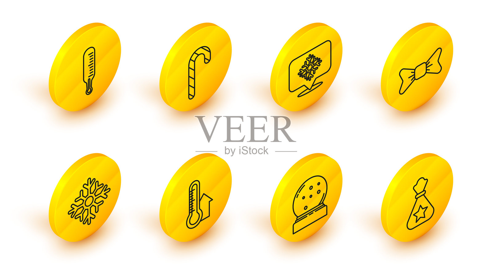 圣诞老人背着礼物袋,圣诞雪花球中飘落的雪,气象温度计测量,雪花,蝴蝶结,语音气泡,糖果条纹和图标。矢量图。插画图片素材