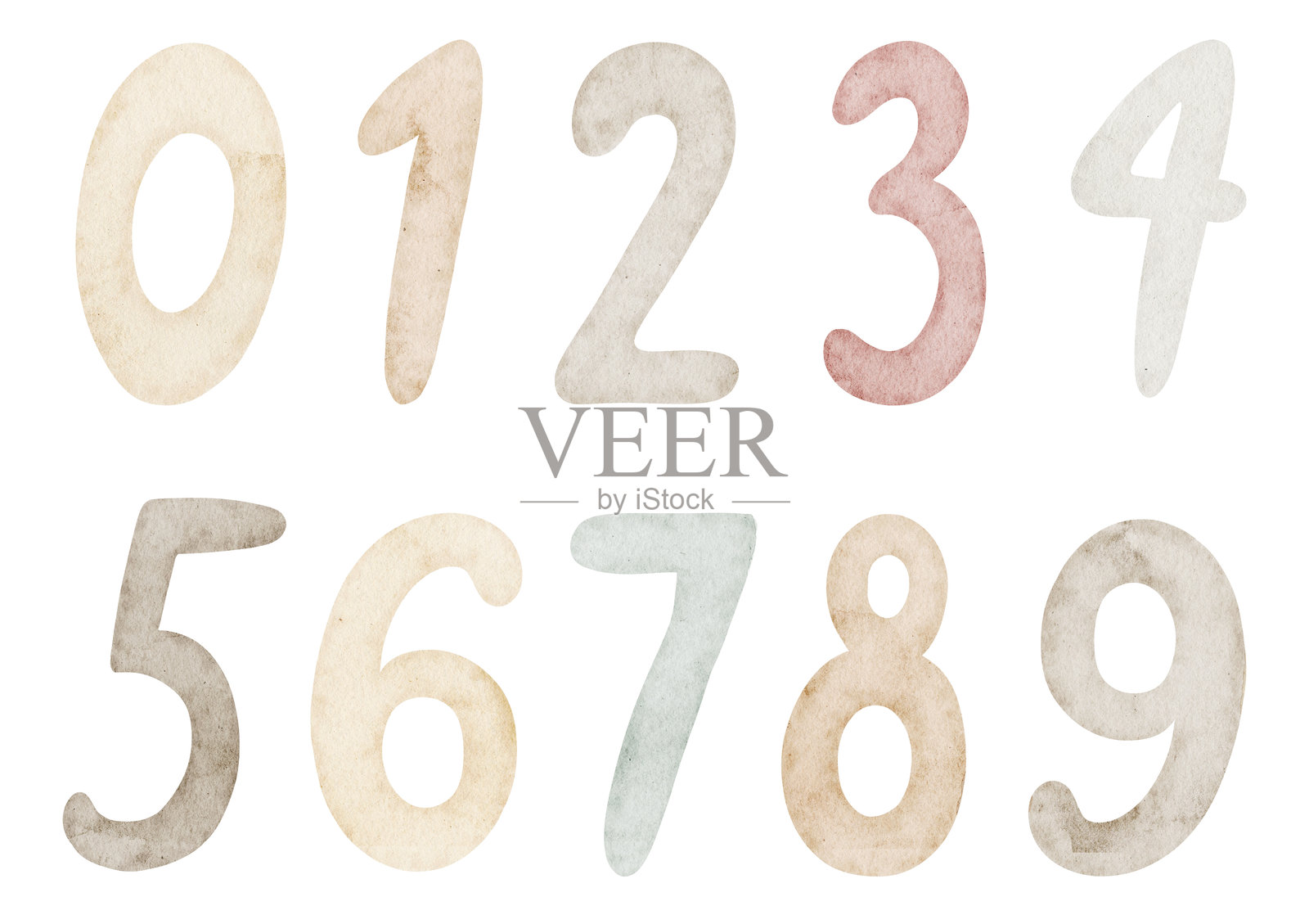 米色柔和色调的水彩数字。适用于儿童生日贺卡和婴儿年龄模板的插图。用于孤立背景的儿童派对邀请函的绘画。插画图片素材