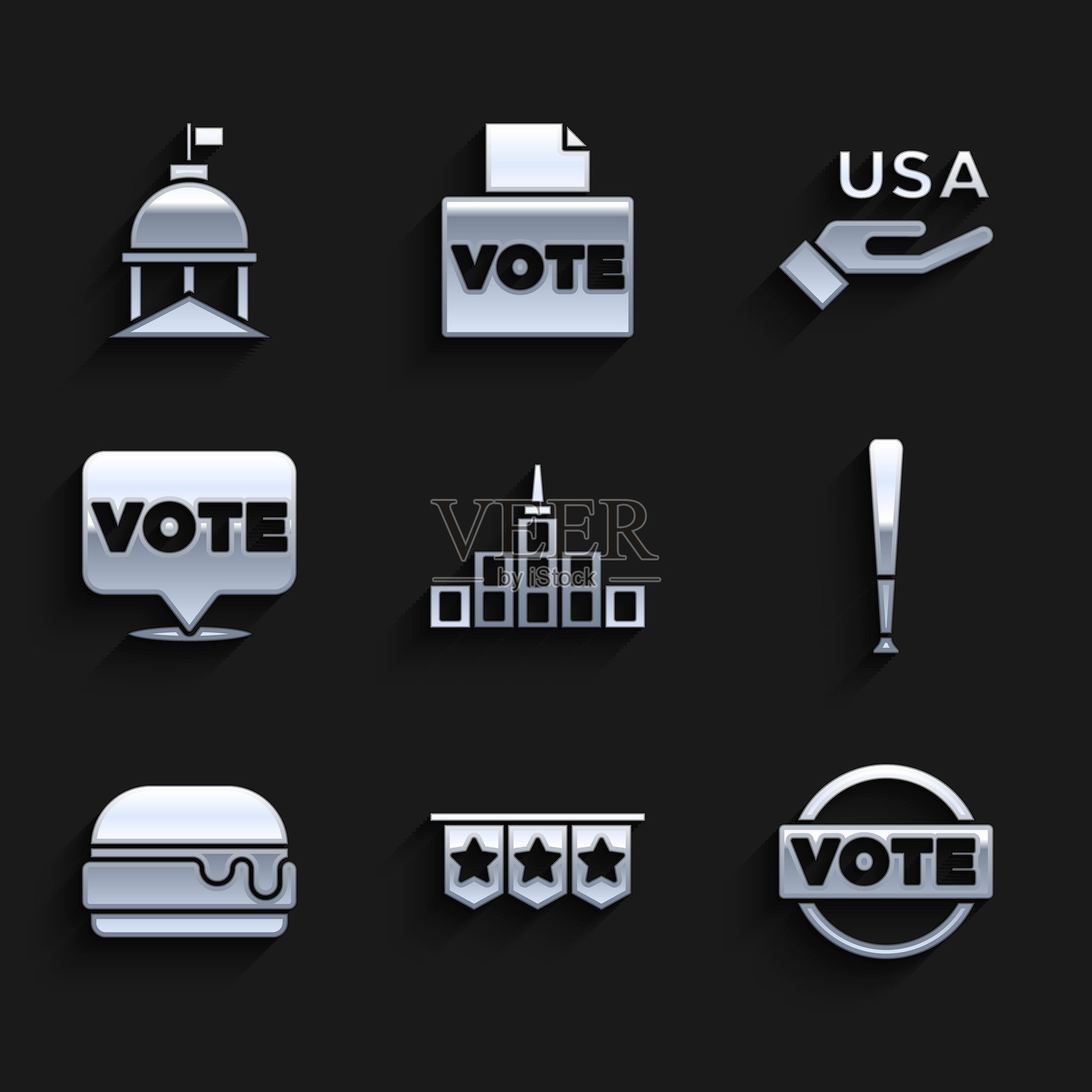 城市风景,嘉年华彩带与旗帜,投票,棒球棒,汉堡,美国独立日和白宫图标。矢量图。插画图片素材