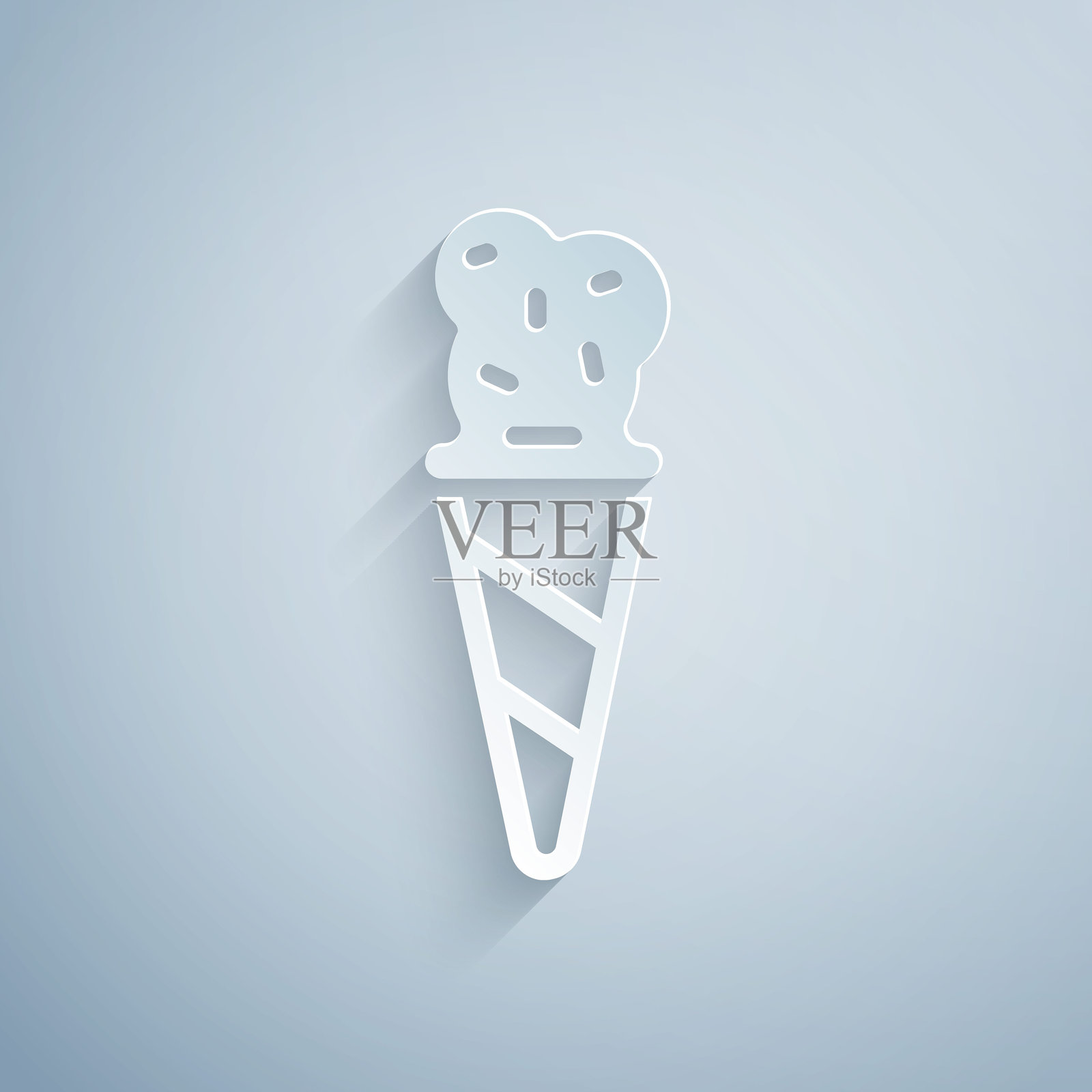 纸艺冰淇淋在华夫饼干筒中的图标,背景为灰色。甜蜜的象征。纸艺风格。矢量图。插画图片素材