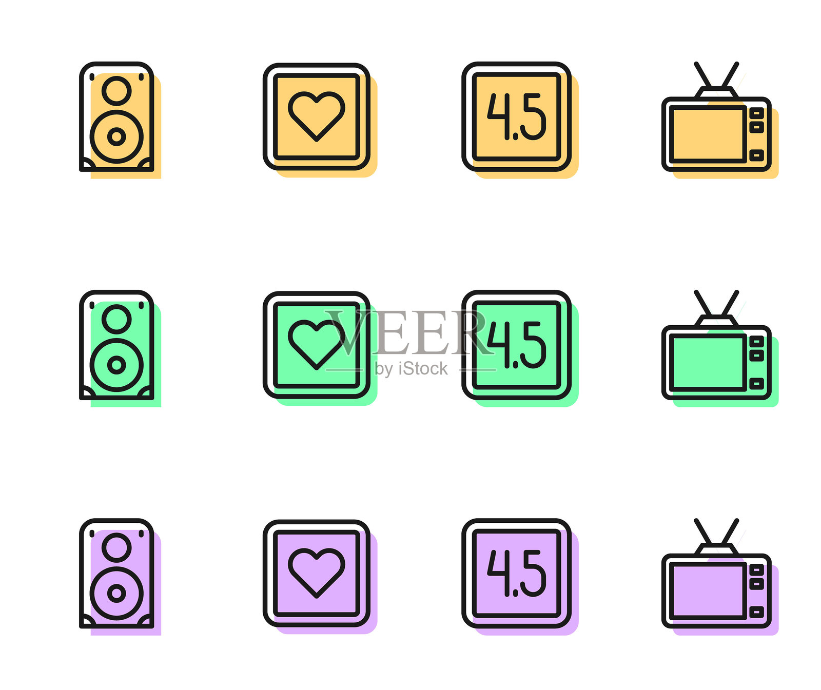 设置线条评分电影、立体声扬声器、喜欢的心形和复古电视图标。矢量图。插画图片素材
