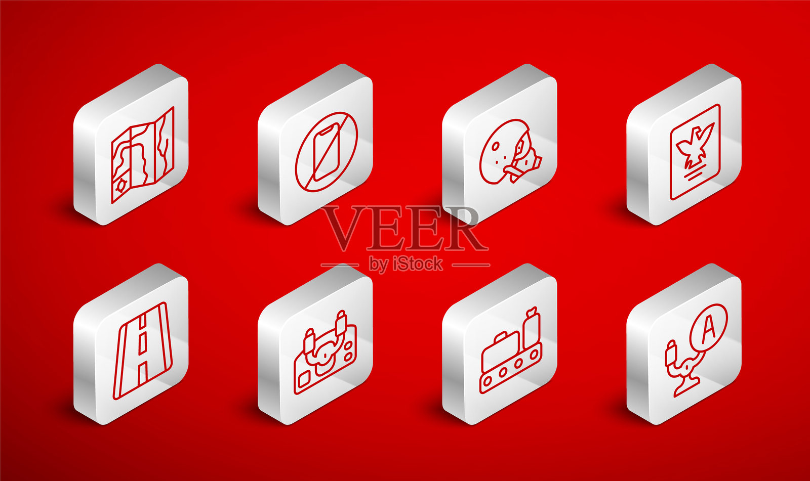 航空器操纵舵,禁止使用手机,现代飞行员头盔,护照,带行李的传送带,世界旅行地图,机场跑道图标。矢量图。插画图片素材