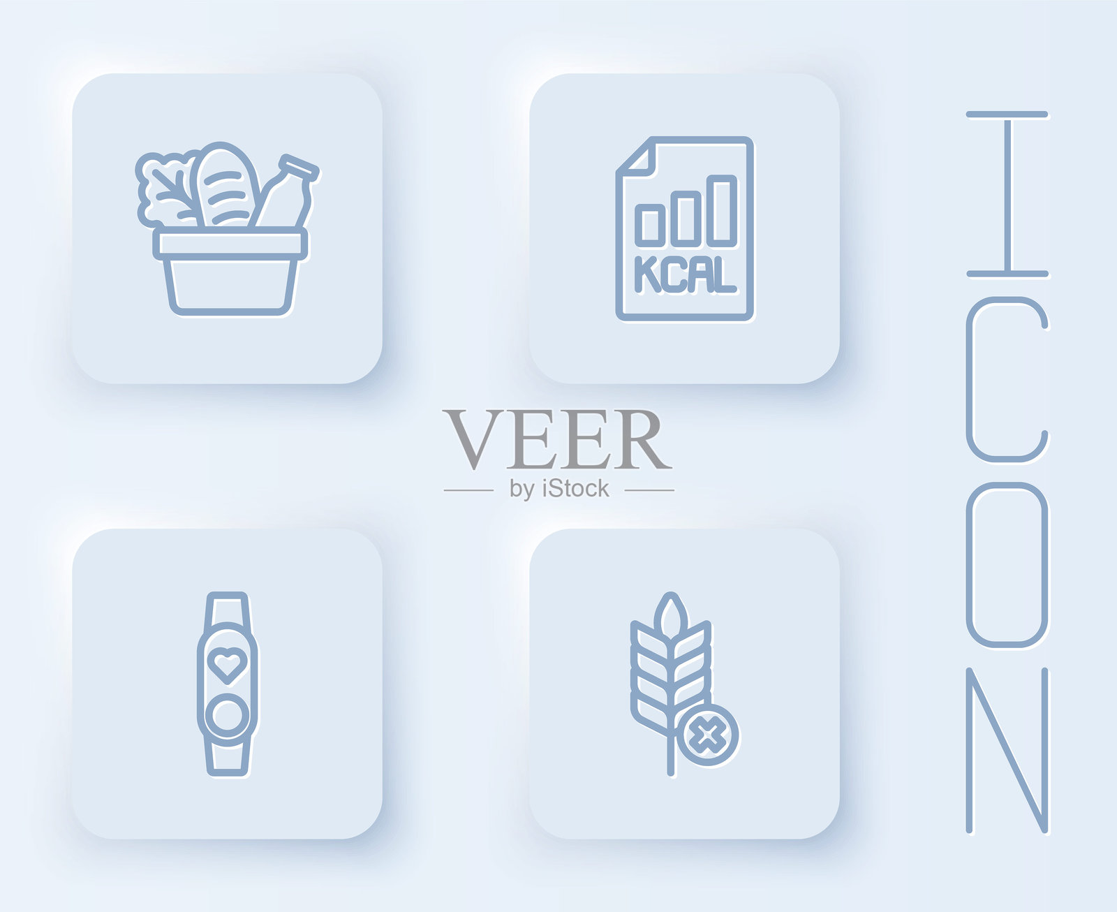 购物袋和食物,饮食计划,带心率监测的智能手表,无麸质谷物。白色方形按钮。矢量图。插画图片素材