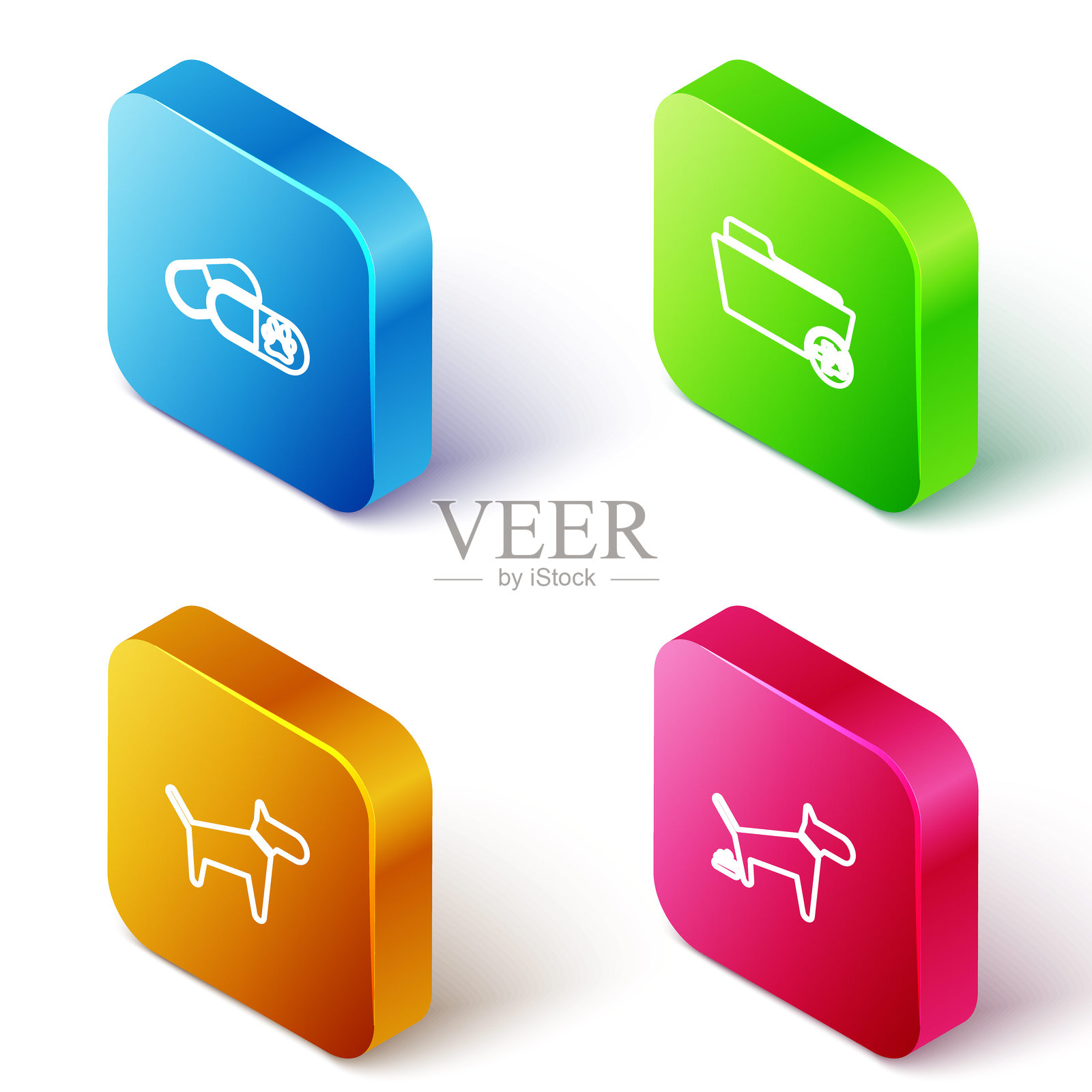 等距线条狗与药丸,兽医医疗记录文件夹和排便图标。矢量图。插画图片素材