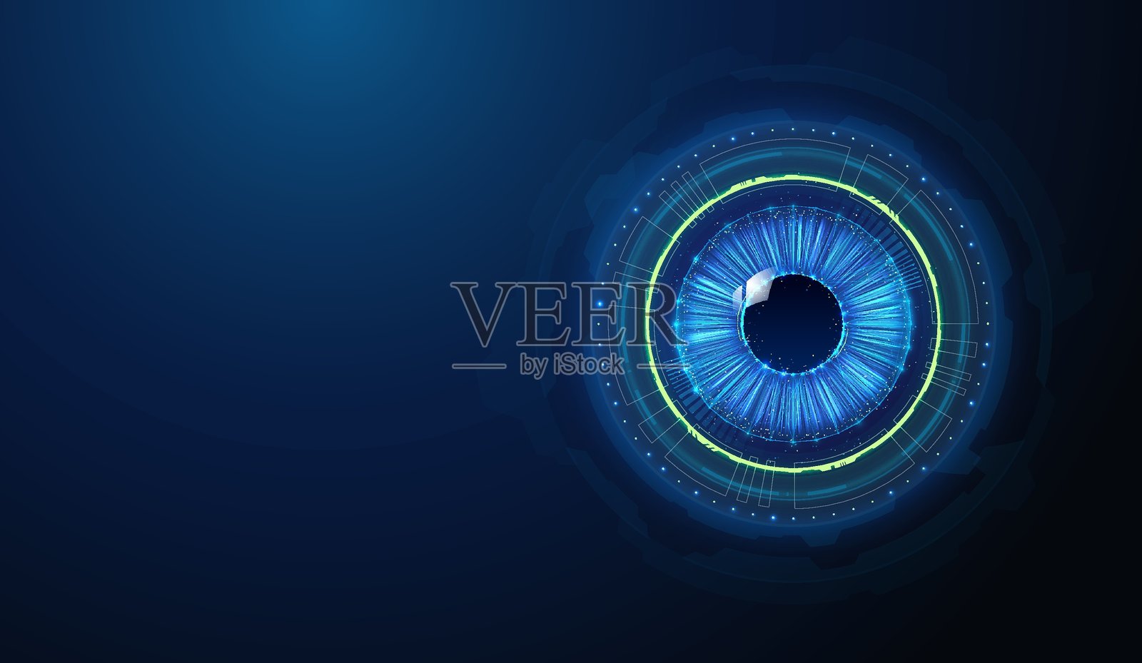 眼睛瞳孔上的生物识别认证HUD叠加。基于计算机视觉和人工智能技术的抽象低多边形艺术,体现安全行业概念,采用蓝色背景的线框网格。插画图片素材