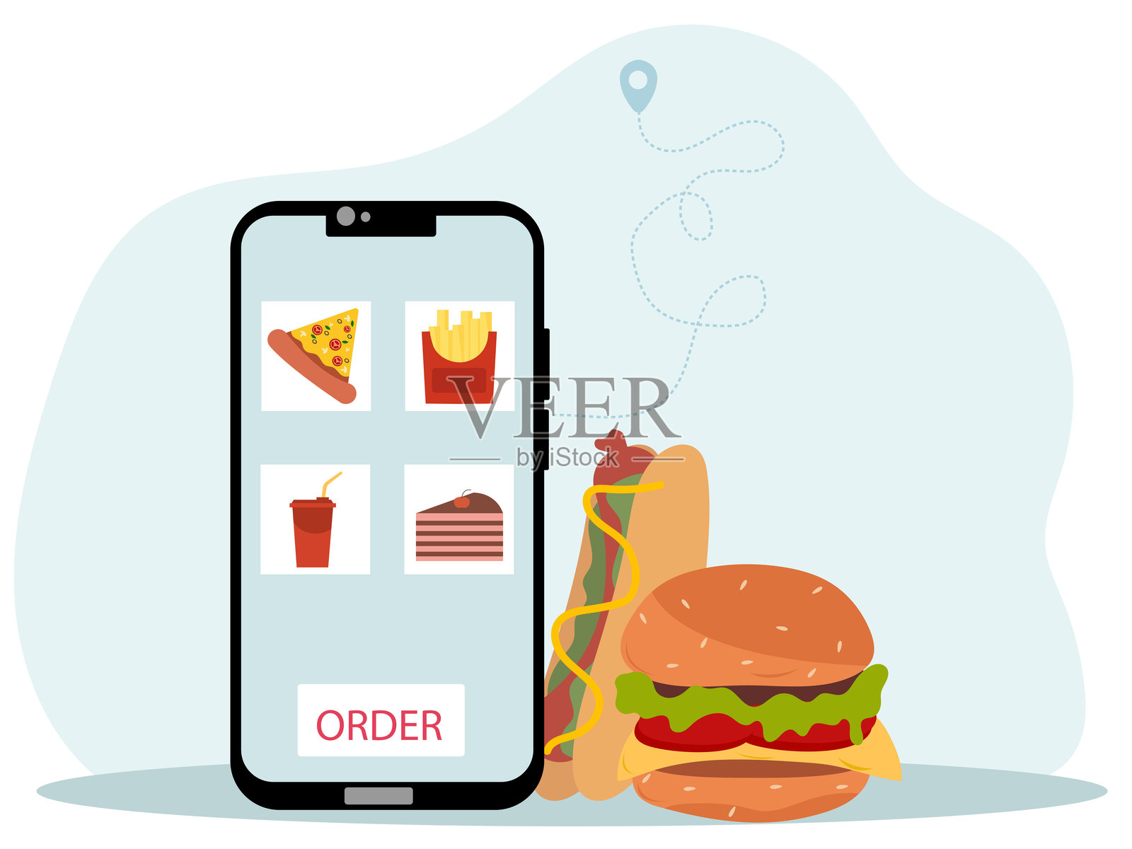 使用智能手机在线下单快餐的矢量插图插画图片素材