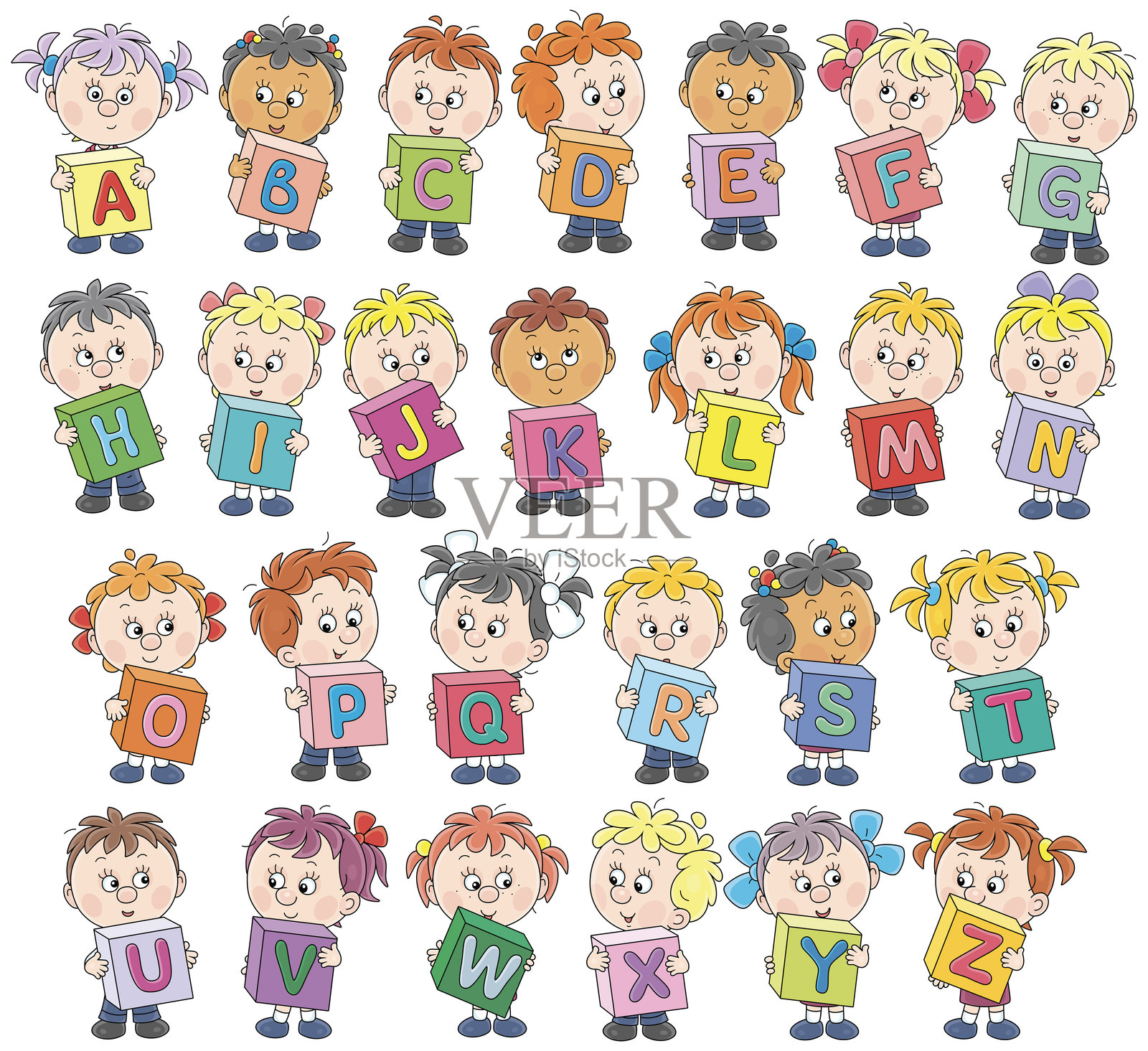 小学生与字母积木插画图片素材