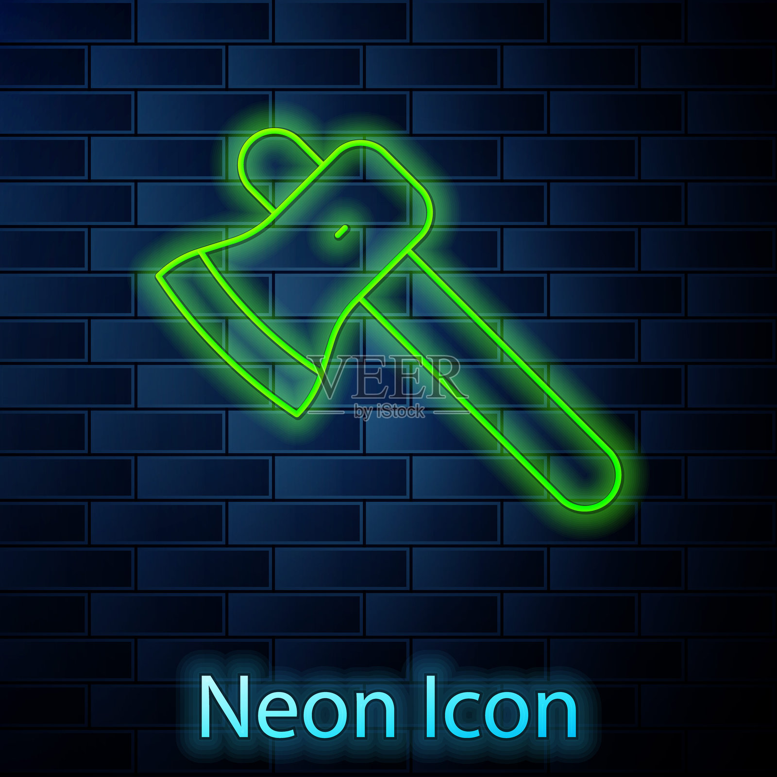 发光的霓虹线木斧图标,背景为砖墙。伐木工斧头。矢量图。插画图片素材