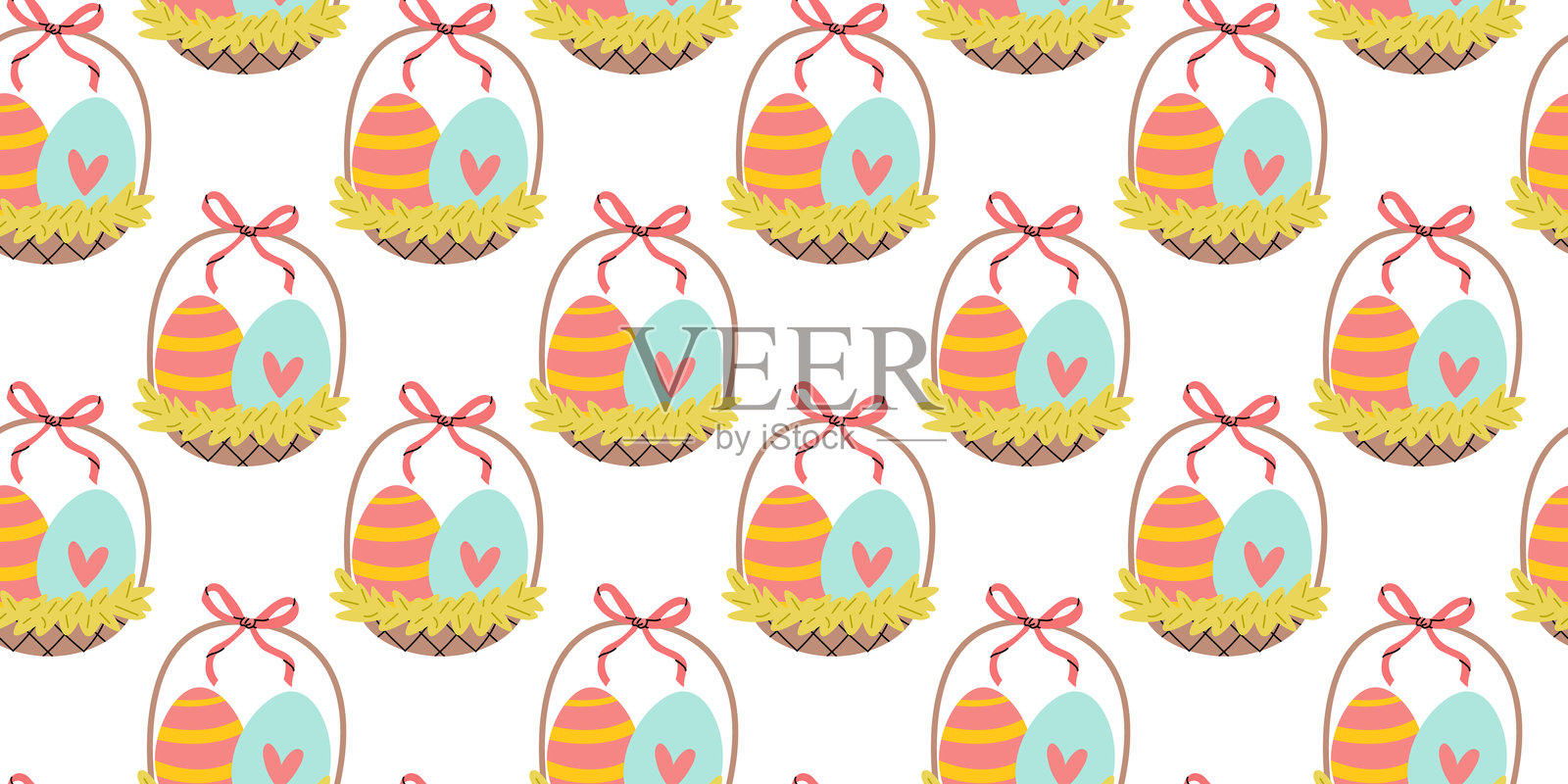 五彩缤纷的复活节彩蛋图案,搭配篮子和丝带,完美适合春季庆祝活动的节日装饰和手工艺品。插画图片素材