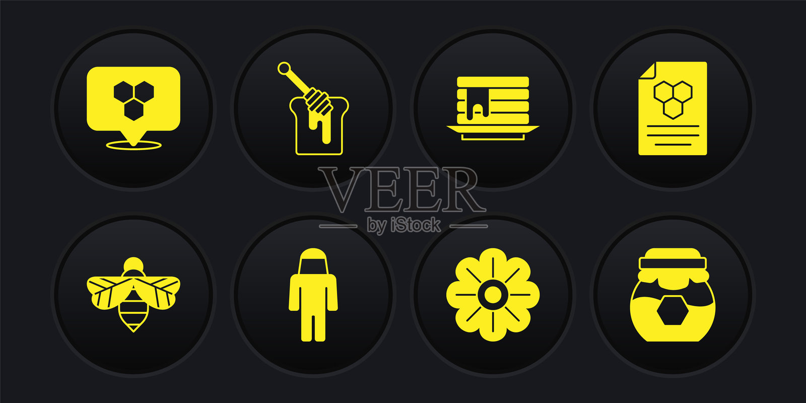 蜜蜂、蜂巢、戴保护帽的养蜂人、花朵、堆叠的煎饼、蜂蜜蘸棒、蜂蜜罐和蜜蜂位置图标。矢量图。插画图片素材