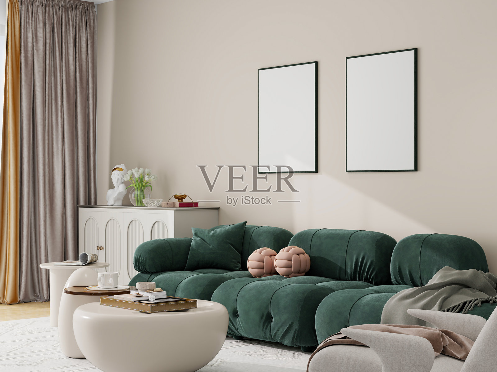 极简主义的客厅,配有现代青色沙发、米色扶手椅、白色咖啡桌和时尚的边柜。中性色调和柔软的质感营造出舒适而时尚的氛围。照片摄影图片