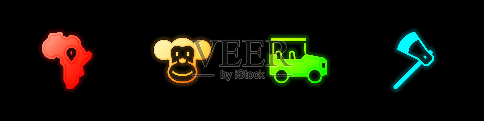 非洲地图图标、猴子、野生动物园汽车和木斧图标。矢量图。插画图片素材