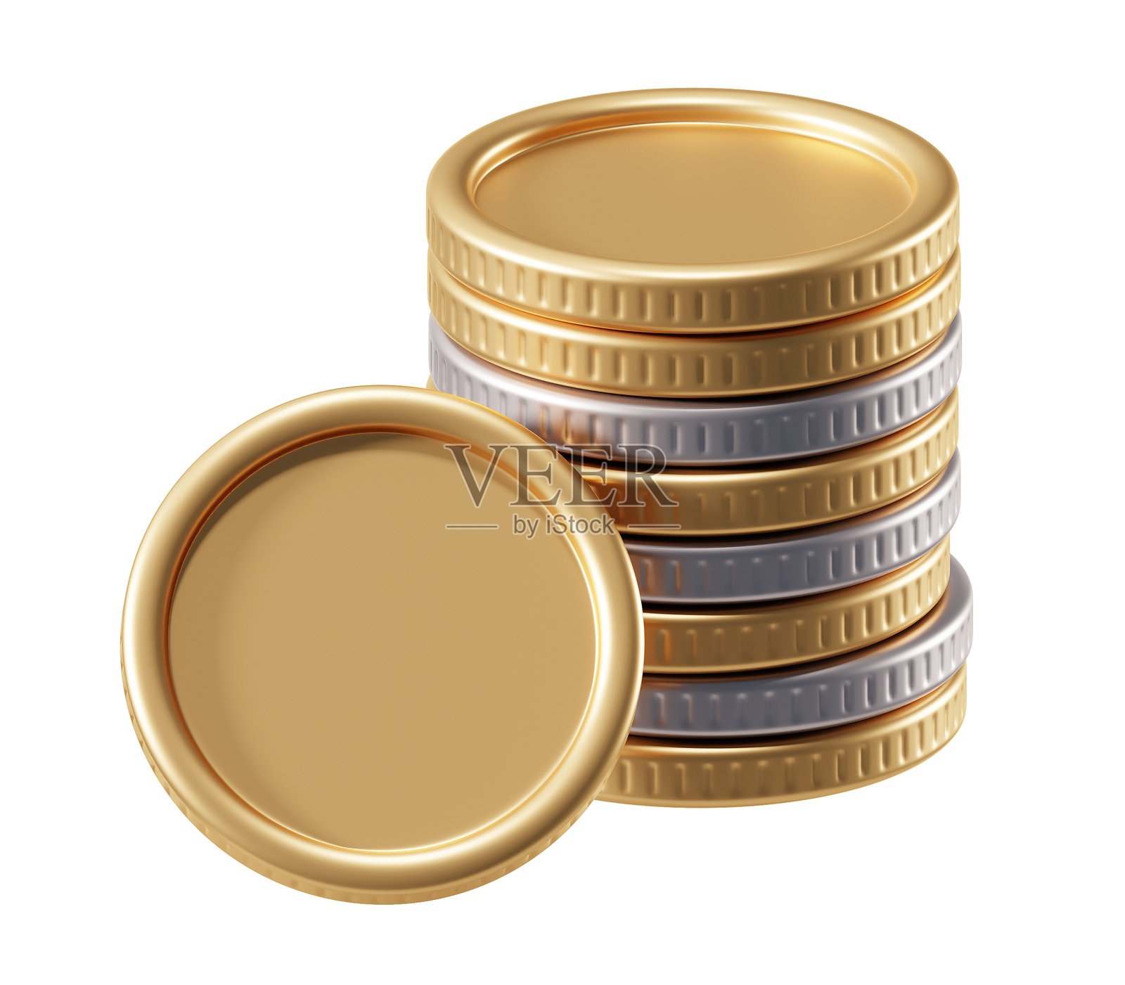 3D硬币钱堆与投资金融,孤立在白色背景上,包含金融现金、银行和商业货币。照片摄影图片