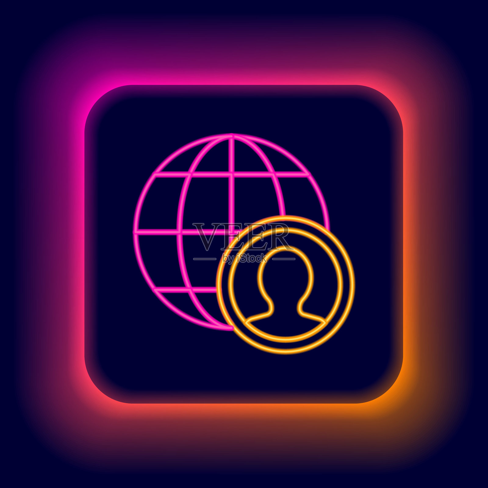 发光的霓虹线地球和人群图标,背景为黑色。全球商业符号。社交网络图标。彩色轮廓概念。矢量图。插画图片素材