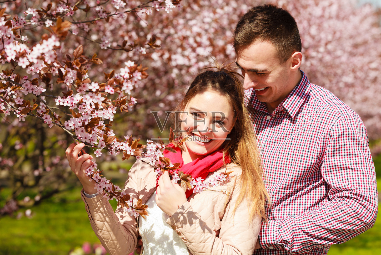 阳光明媚的春天,情侣在公园里漫步照片摄影图片