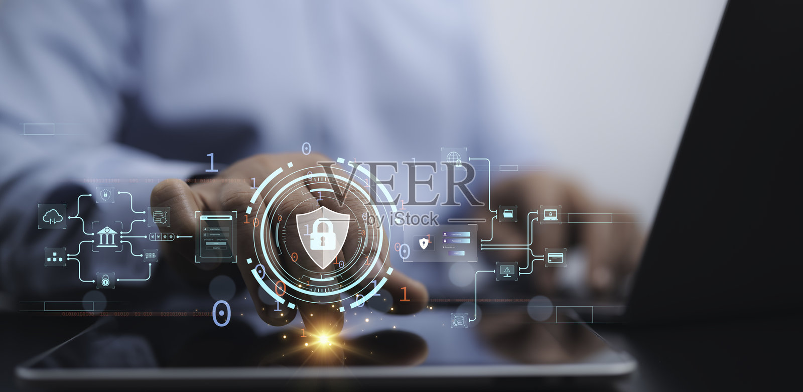 商务专业人士与未来主义网络安全界面互动,象征着数据保护、数字安全网络加密。先进的全息技术代表在线隐私。照片摄影图片