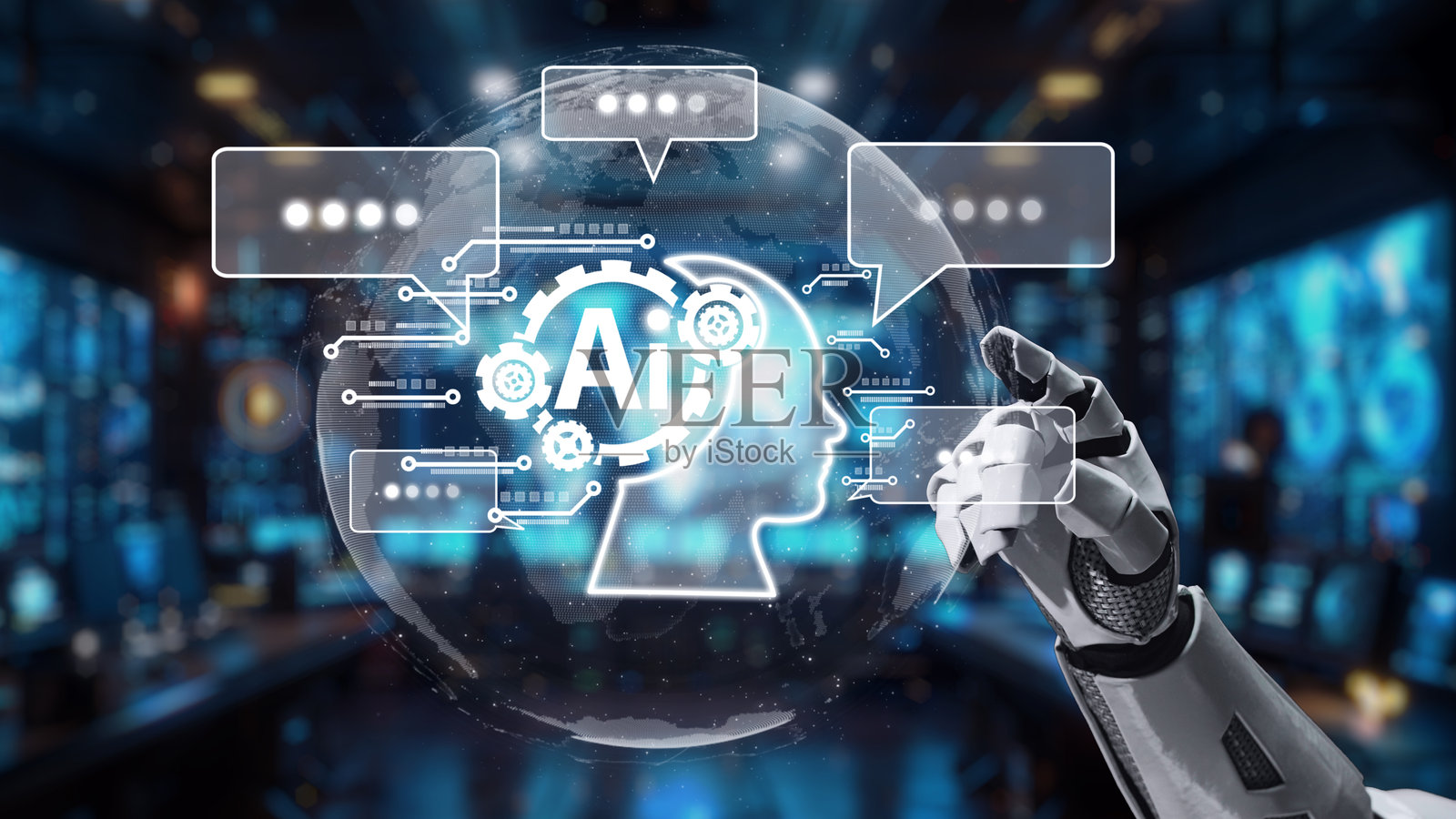 先进的人工智能概念,机器人手与数字大脑和交流气泡在未来科技环境中互动。Auvana照片摄影图片