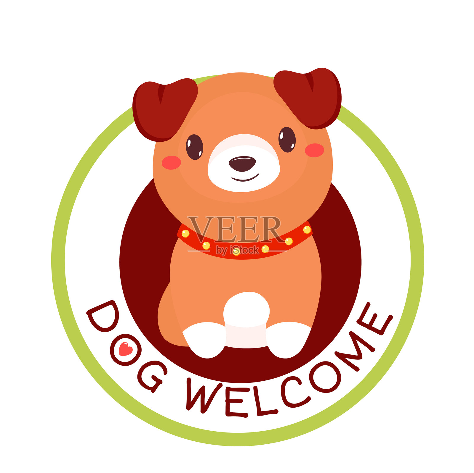 宠物友好的矢量标签是您宠物友好产品的完美补充。狗狗欢迎 - 让宠物知道它们在这里受到欢迎的方式。可爱的狗狗在圆圈内。适用于打印、贴纸,适合兽医诊所和商店。插画图片素材