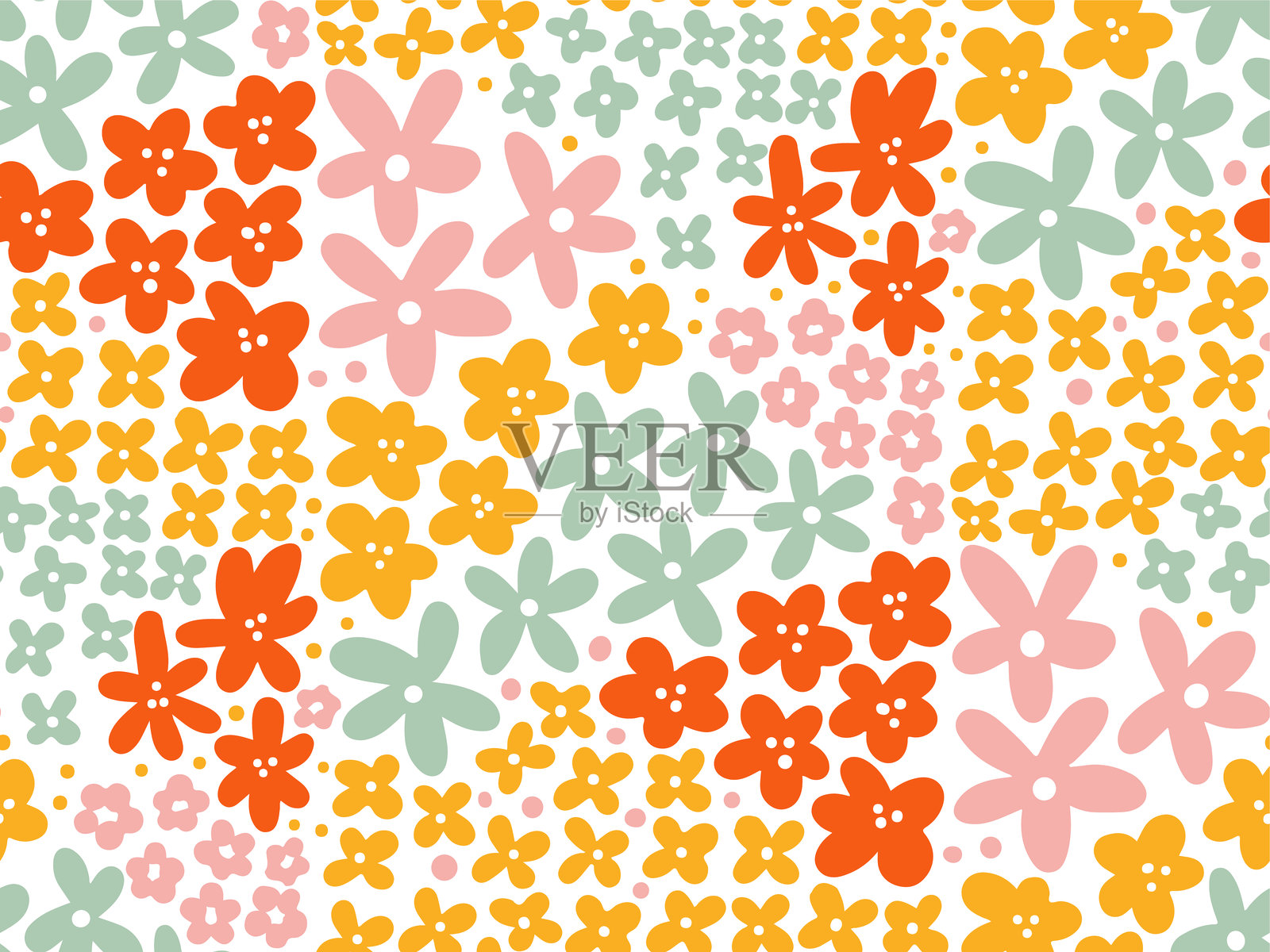 复古怀旧的70年代时尚无缝图案。嬉皮风格的夏季印花。复古花卉背景。老式色彩的纺织品和表面设计。矢量手绘平面插图。插画图片素材