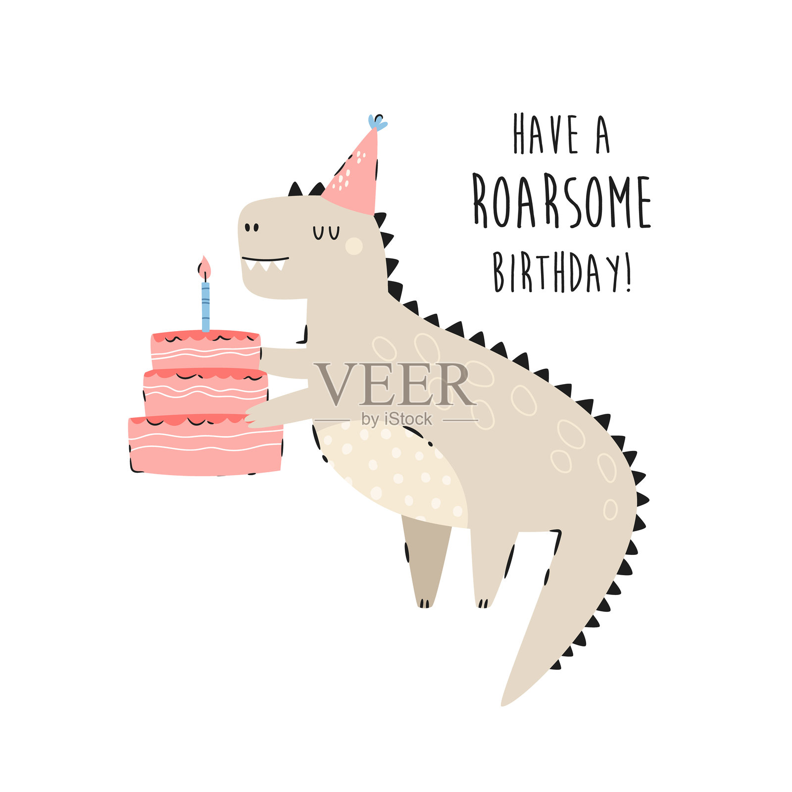 戴着生日帽的搞笑卡通恐龙与生日蛋糕插画图片素材
